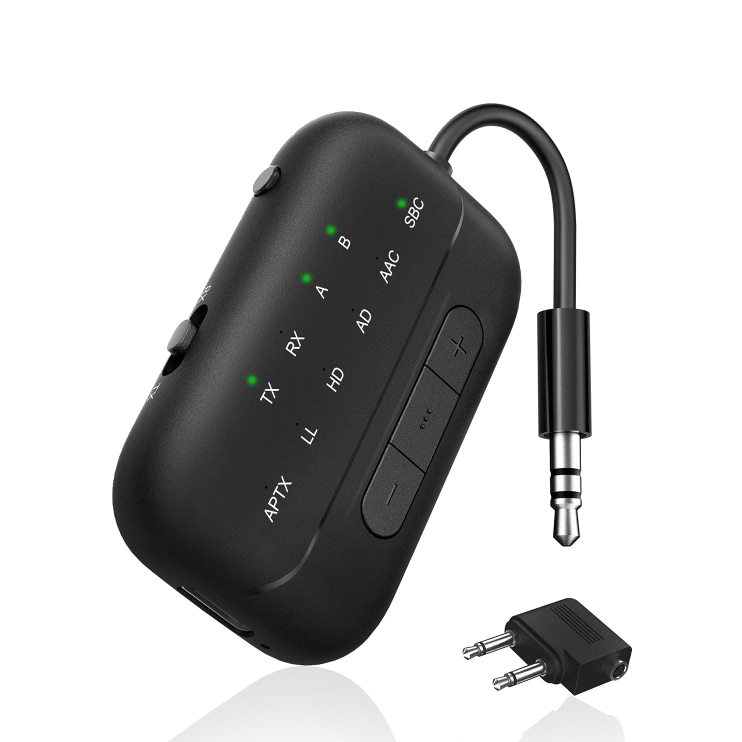 SONRU Bluetooth 5.3 Transmitter & Receiver, Supports 2 Headphones Dual Connection, aptX-Low Latency Bluetooth Adapter, 3.5mm Aux Jack Audio Transmitter for TV/Plane/Travel/Gym/Car, Black