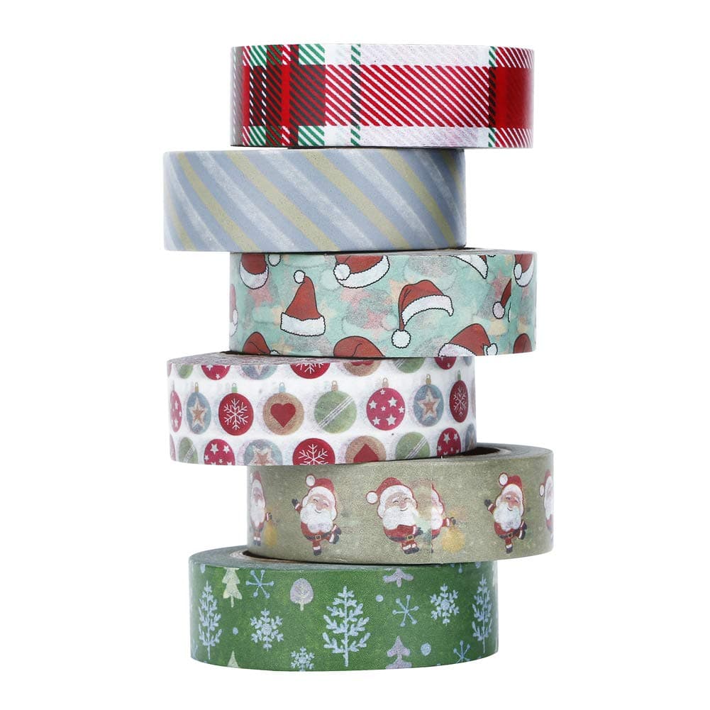 Christmas Washi Tape Set, 6 Rolls Art Craft Gift Present Wrap Collections Masking Foil Holiday Tapes for DIY, Scrapbooking and Xmas Gift Wrapping, Total 198ft
