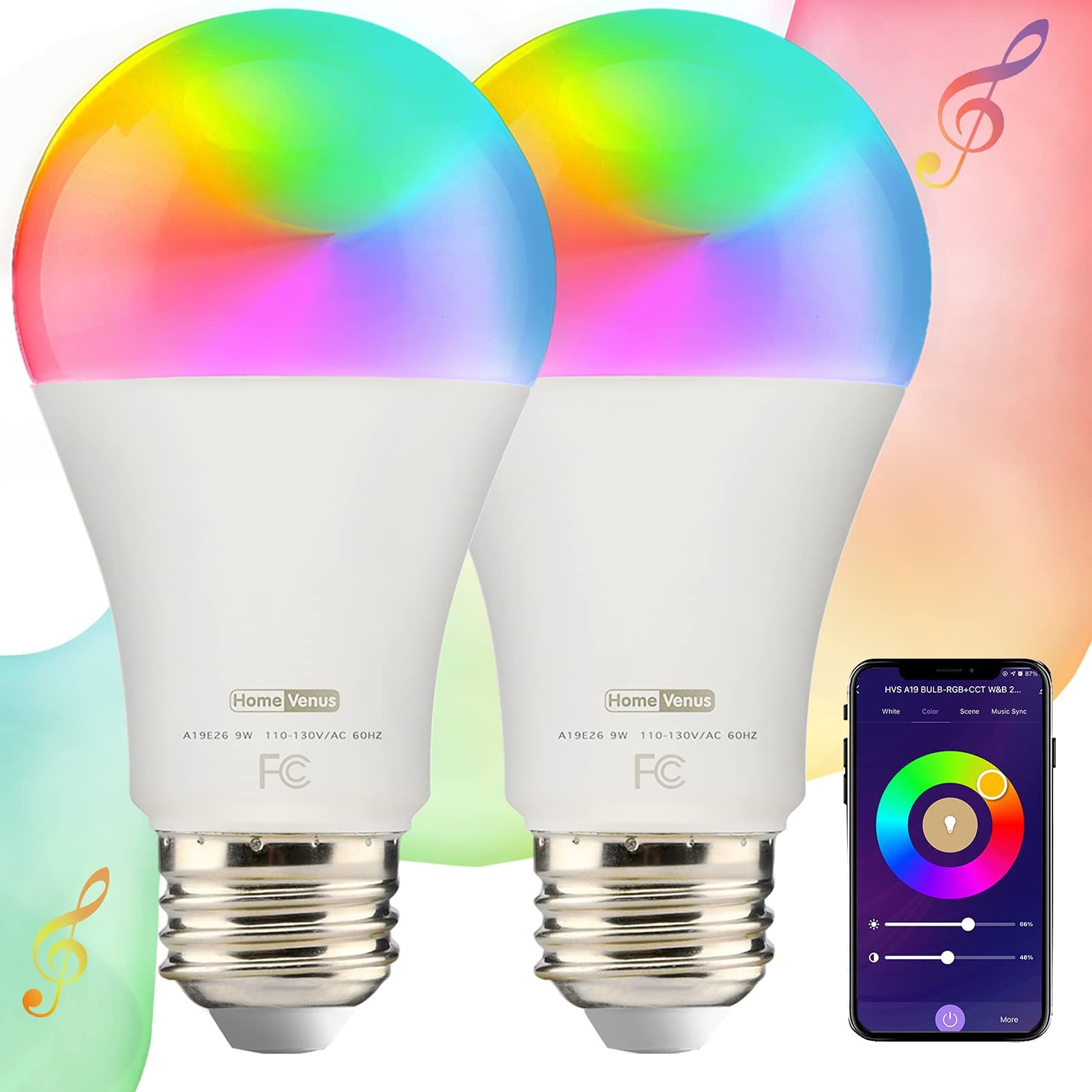 Homevenus HVS Smart Light Bulbs, 9W Equivalent 60W A19 E26 RGBW Color Changing LED Light Bulbs, Music Sync App 2.4GHz WiFi Dimmable Tunable White Work with Alexa Google Assistant, 2 Pack