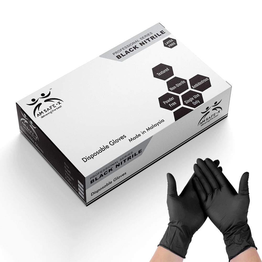 AM Safe x Nitrile Powder-free Disposable Gloves (Medium, Black) -pack of 100 Pieces