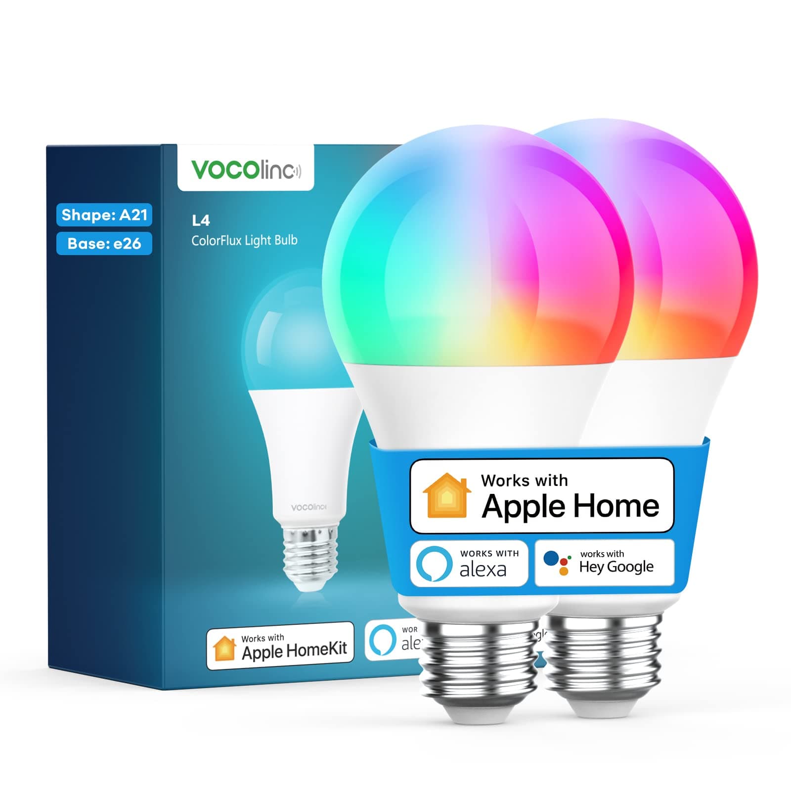 VOCOlinc Smart Light Bulb Works with Apple Homekit, Alexa, Google Home, Full Color Changing WiFi LED Bulbs, 850 Lumens Dimmable Multicolor 2200K-7000K, A21, 9.5W, 2 Pack