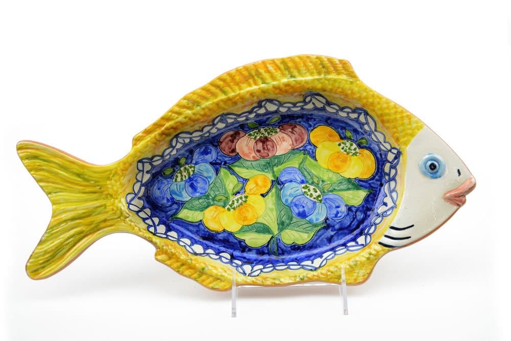 Hand-Painted Fish Serving Tray, Brilliant Yellow and Blue