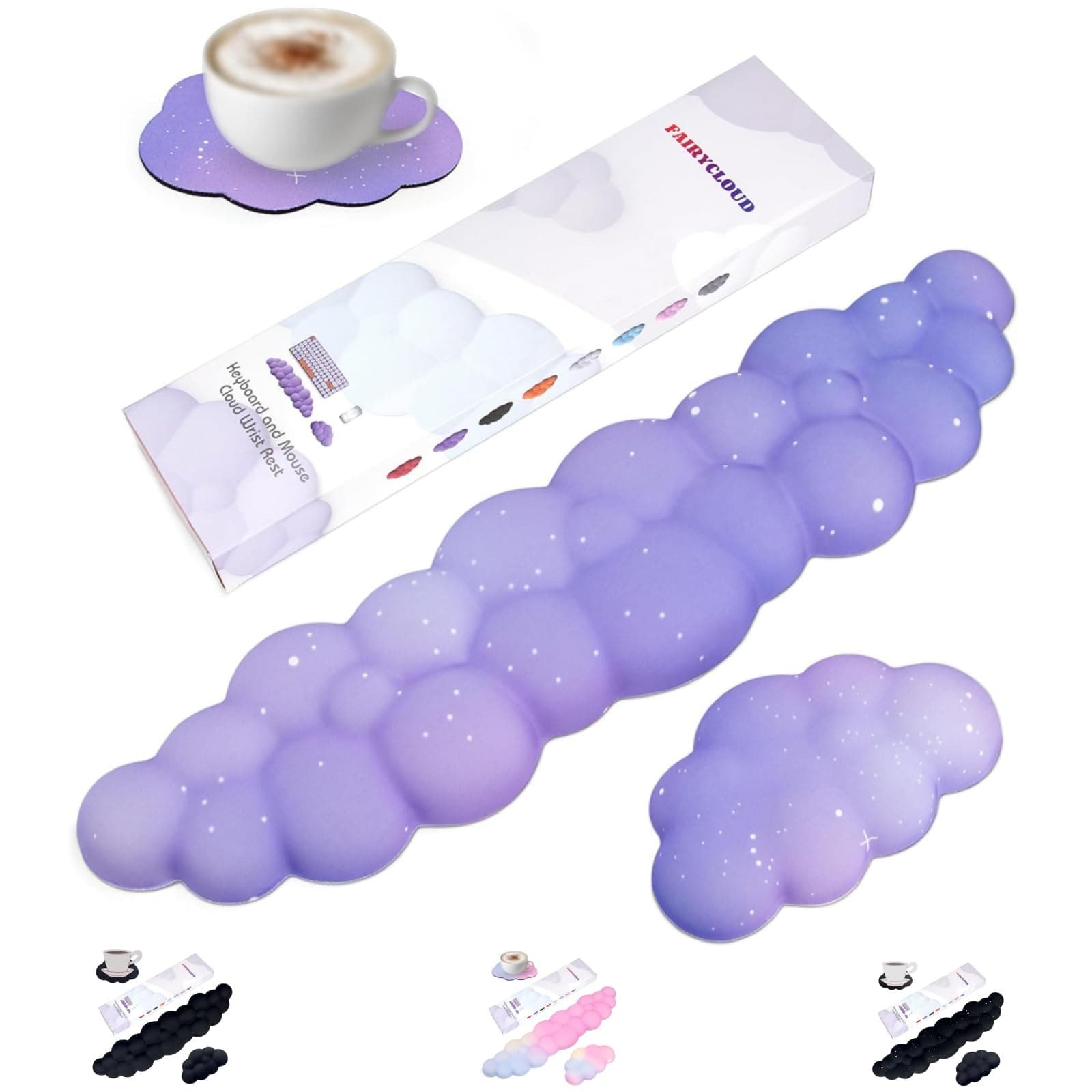LJYZMD Cloud Wrist Rest Set for Keyboard and Mouse, Includes Cute Coaster, with Computers and Laptops(Purple Star Set)