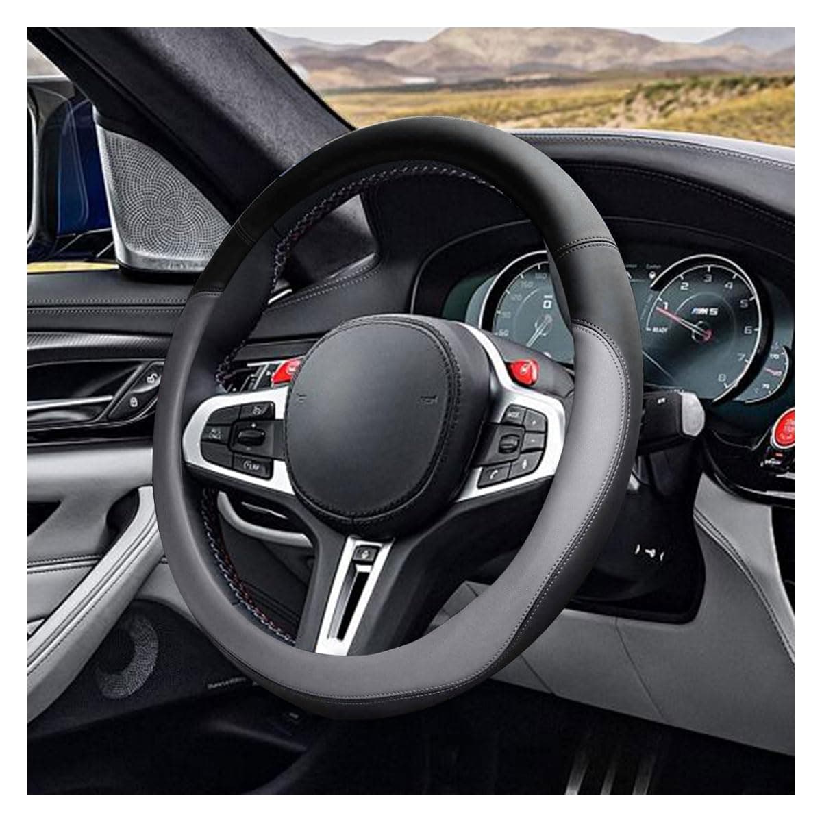 LAINLOY 14.5"-15" Car Steering Wheel Cover Microfiber Leather Cover Anti-Slip Breathable Steering Wheel Decoration Universal Steering Wheel Accessories for Various Cars(Grey)