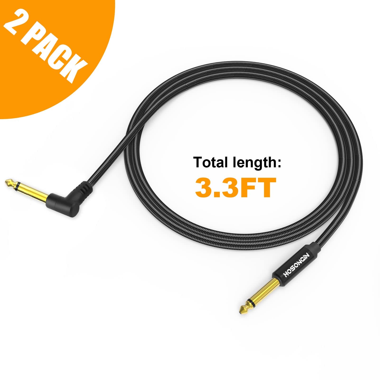 HOSONGIN Guitar Cable 3.3 feet 2 Pack - 1/4 Inch Electric Instrument Cable Bass AMP Cord for Electric Guitar, Bass Guitar, Electric Mandolin, Pro Audio - Black Nylon Braided, 24K Gold Plated Plug