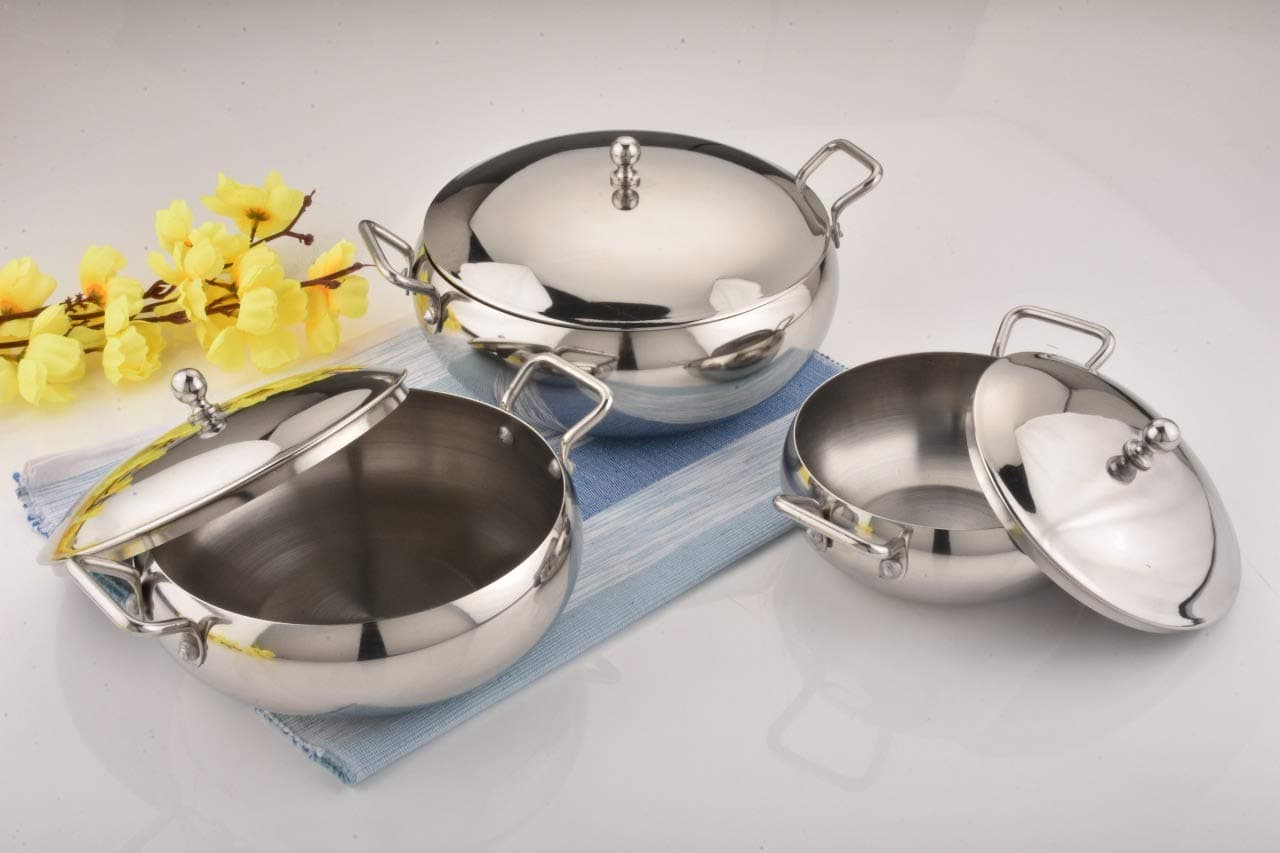 Amanda Premium Stainless Steel Handi Set with Lid | 3 Pc Set | Riveted Handles | Capacity 550ML, 950ML, 1550ML | Multipurpose Cook & Serve Set for Dining Table | Durable, Easy to Clean, Rust-Resistant