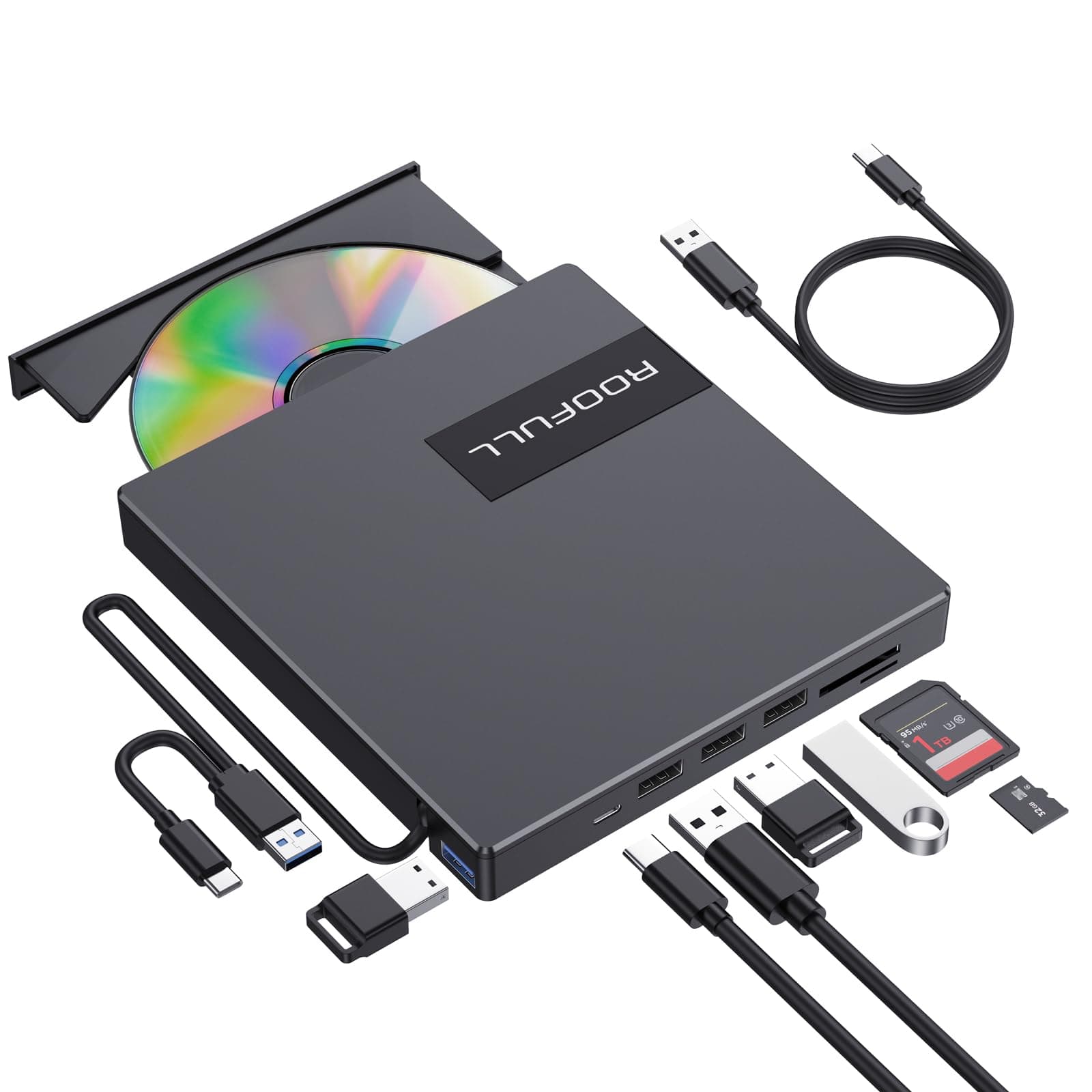 ROOFULL - External CD DVD Drive with SD Card Slot and USB 3.0/2.0 Ports, Portable CD/DVD-ROM +/-RW, Optical Disc Player for Laptop, Mac, PC Windows 11/10/8/7, MacBook Pro Air, Linux