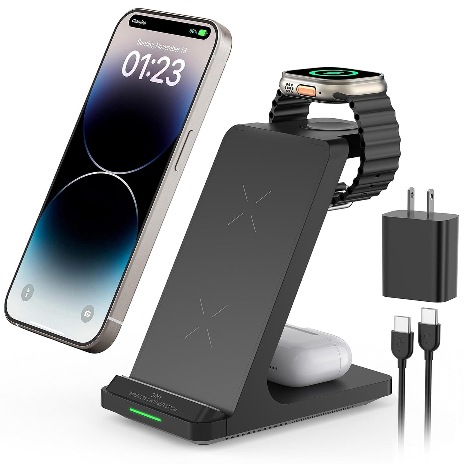 Wireless Charging Station, 3 in 1 Fast Wireless Charger Stand for Multiple Devices Apple Watch Ultra Series 9 8 7 6 SE 5 4 3 2, iPhone 15 14 13 12 11 Pro Max/Plus/Mini/X/XS/XR, Airpods Pro 2 (Black)