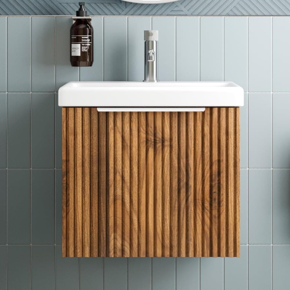 Fluted 500mm Bathroom Vanity Unit White Ceramic Basin Sink, Cloakroom Storage Furniture Cabinet Wall Hung Cupboard Soft Close, Chrome Handle, Walnut