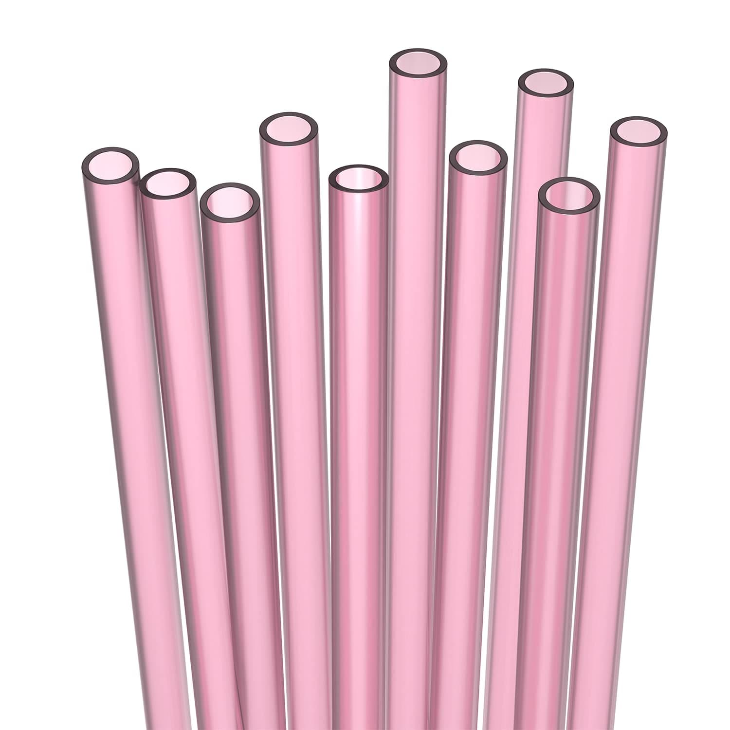 Fiesta First 10 Long Reusable Hard Pink Plastic Drinking Straws, Medium Width + Sturdy Cleaning Brush - for Tumblers, Mason Jars, Smoothies and Milkshakes - Dishwasher Safe BPA Free