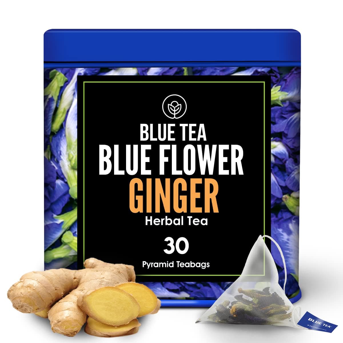BLUE TEA - Butterfly Pea Flower Ginger herbal tea - 30 Pyramid Tea Bags | NATURAL COLORING for FOOD, Iced Tea, Cocktails etc. | Flower Herbal Tea - Tisane - Premium Tin Pack