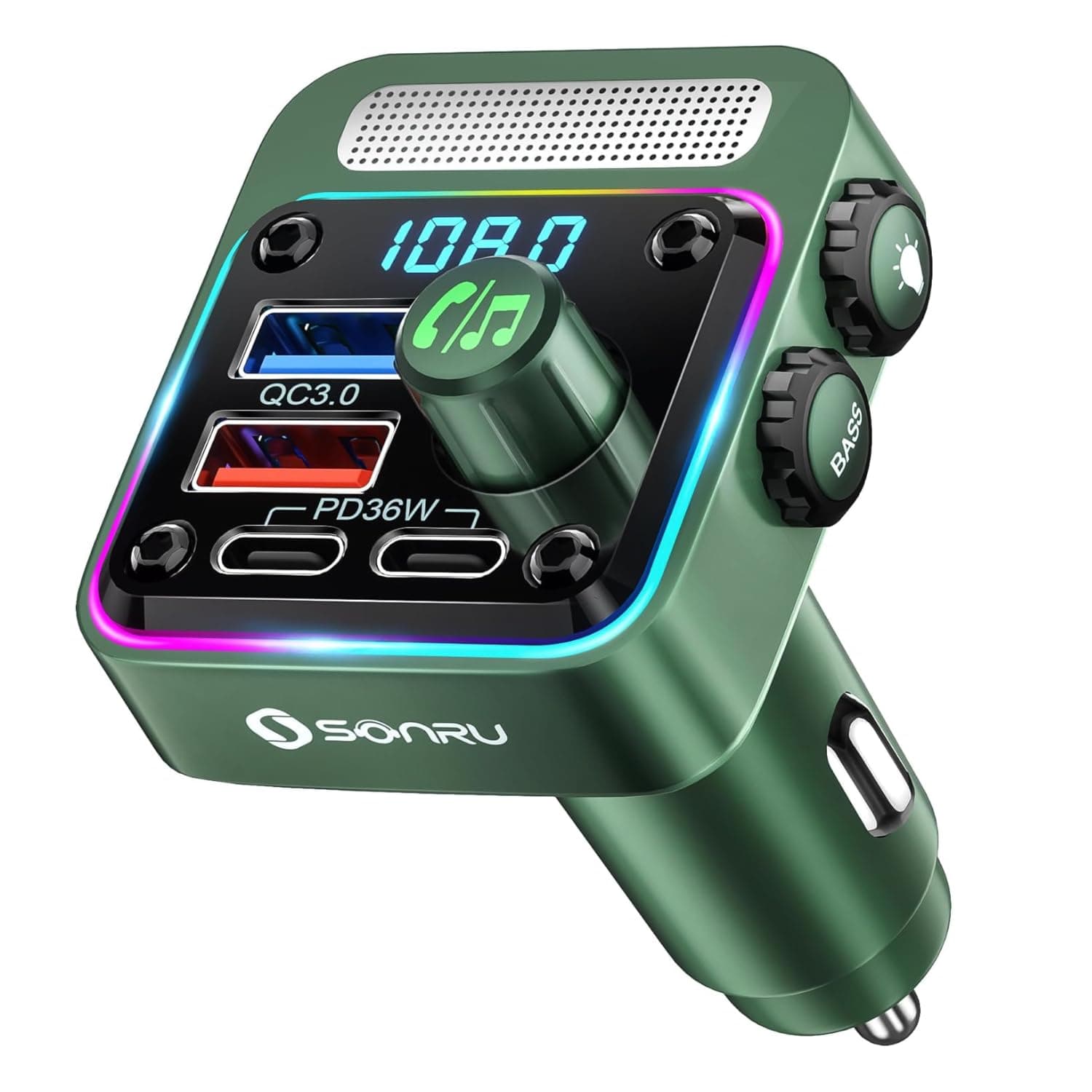 Bluetooth 5.3 Car FM Transmitter【PD 36W+QC3.0 18W】【Bass Music Player】Wireless Car Radio Adapter Hands-Free Calling Support 64G U Disk Card with 5 Colors LED Backlit Switch