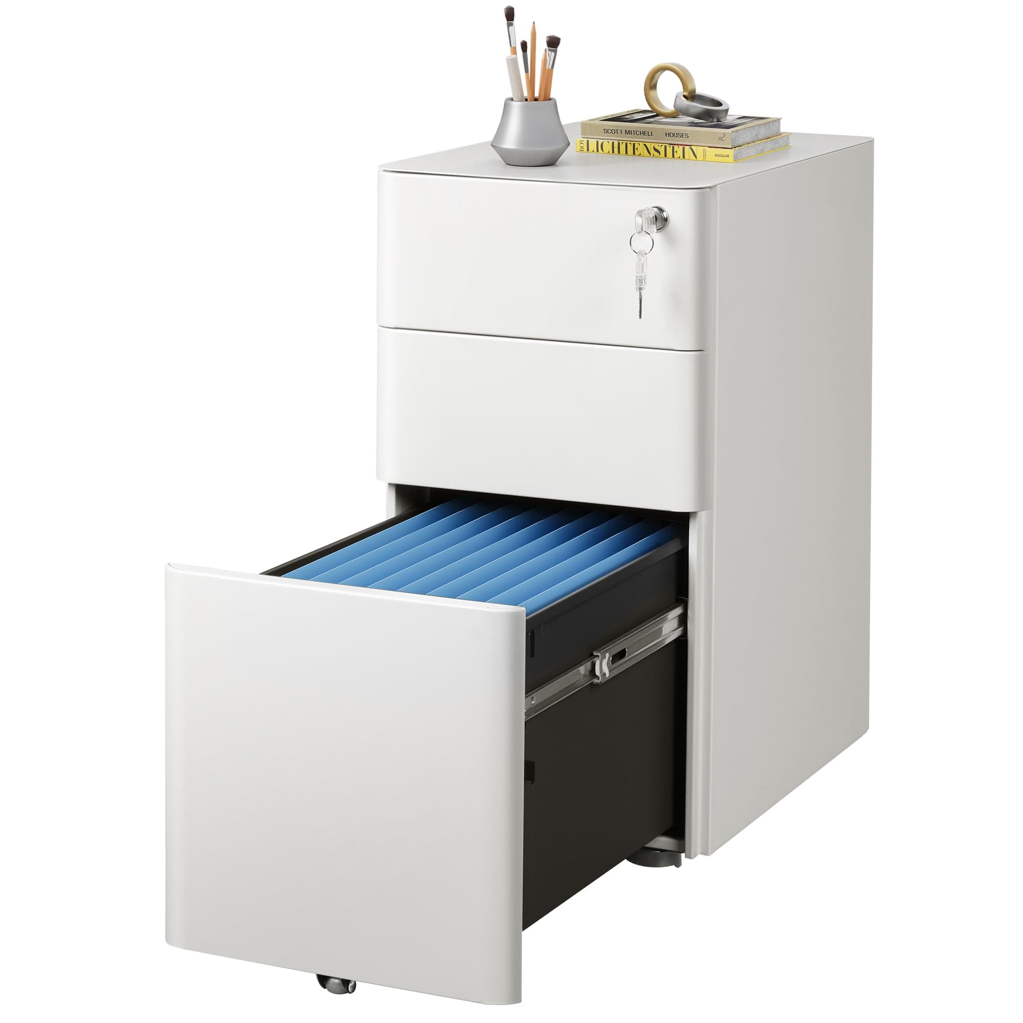 DEVAISE 3 Drawer File Cabinet, Slim Metal Filing Cabinet with Lock, Under Desk Storage Cabinet for Letters/Legal/A4, Fully Assembled Except Casters - White