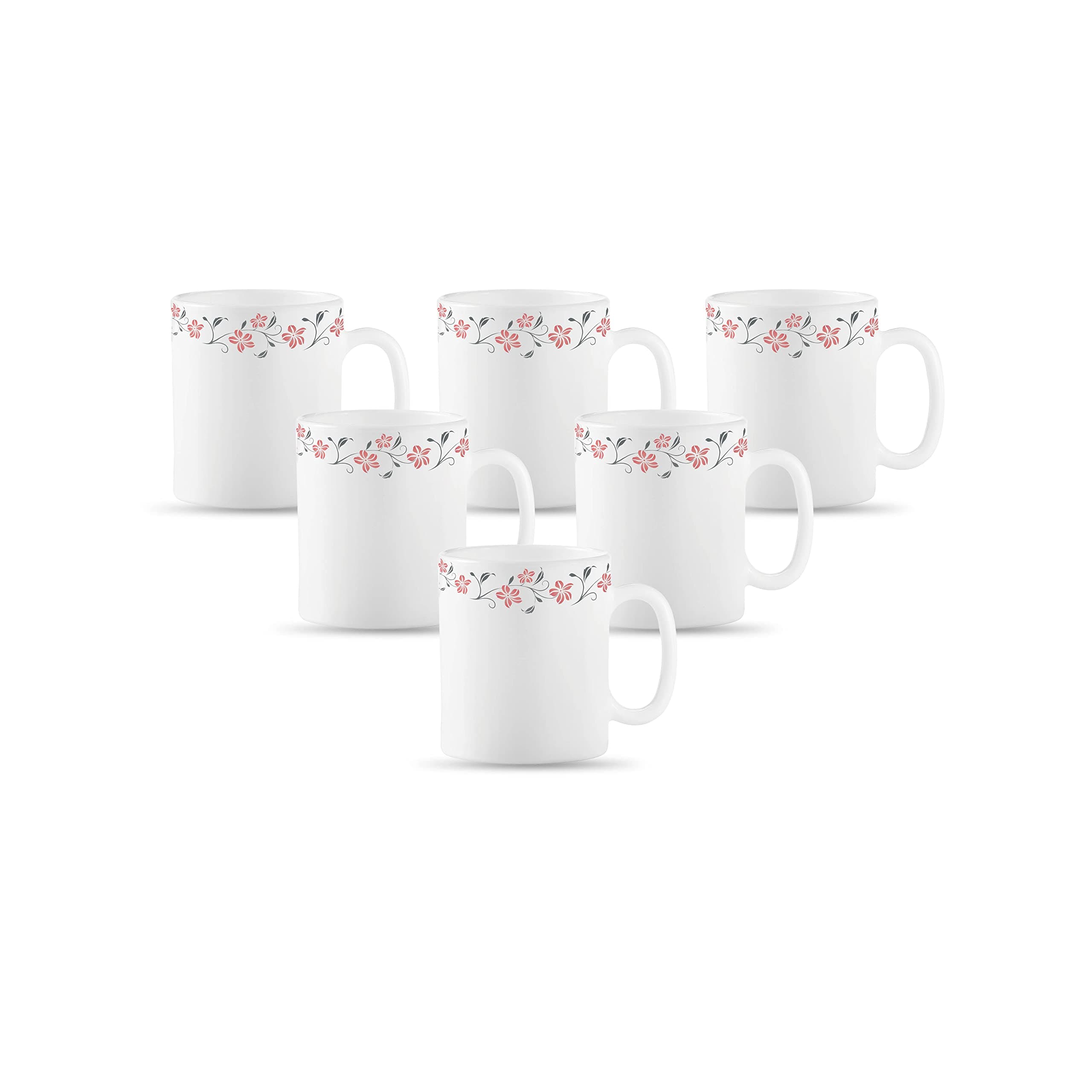 La Opala Diva, Opal Glass Coffee Mug Set Cylinder Regular 6 Pcs, Grace Red, White, Standard - 180 Ml
