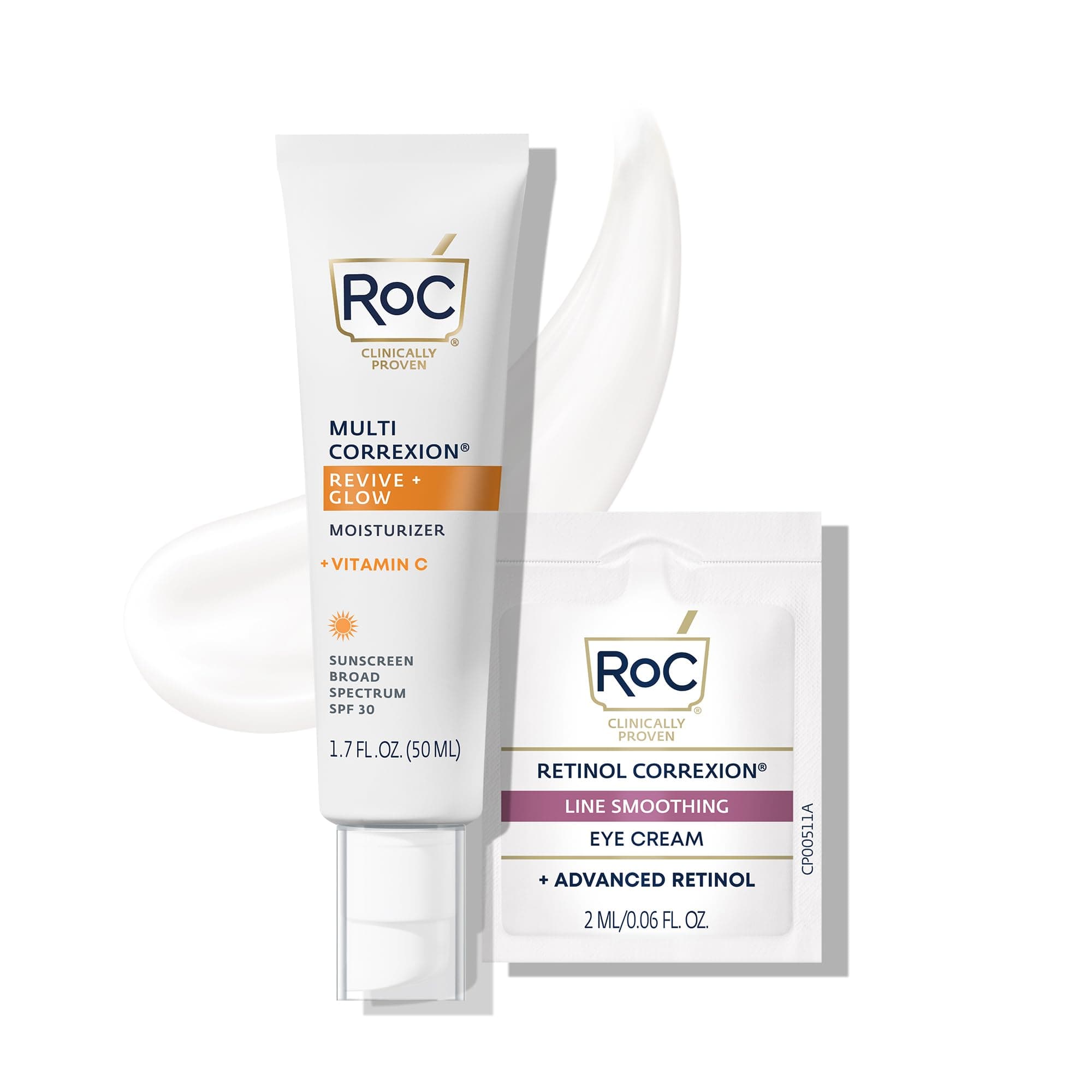 RoC Multi Correxion Revive + Glow Vitamin C Sunscreen Broad Spectrum SPF 30 Face Moisturizer (1.7 oz) with Retinol Eye Cream Packette