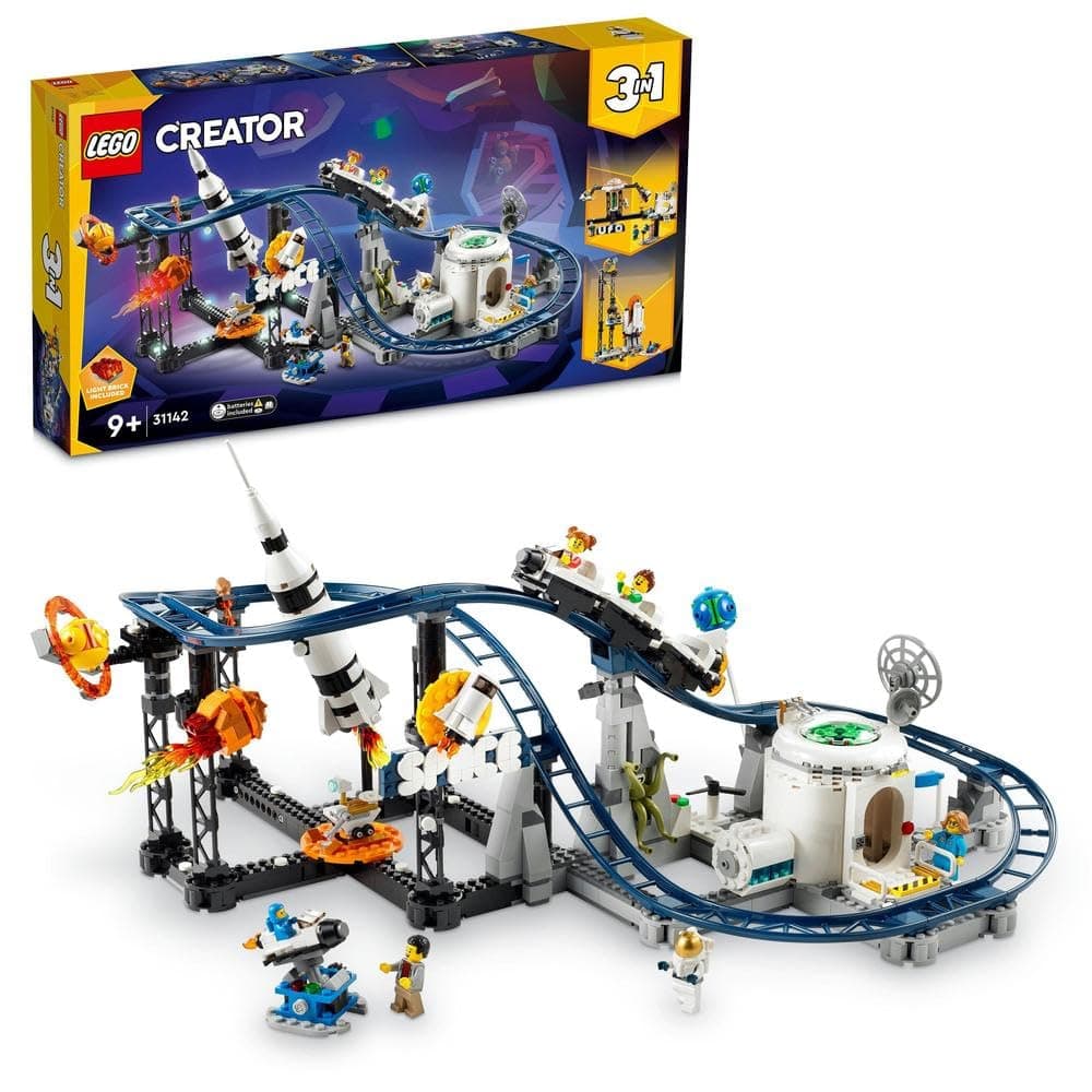 31142 Creator 3in1 Space Roller Coaster to Drop Tower or Merry-Go-Round Set, Fairgound Ride Models, Building Toy with Space Rocket, Planets and Light Up Bricks