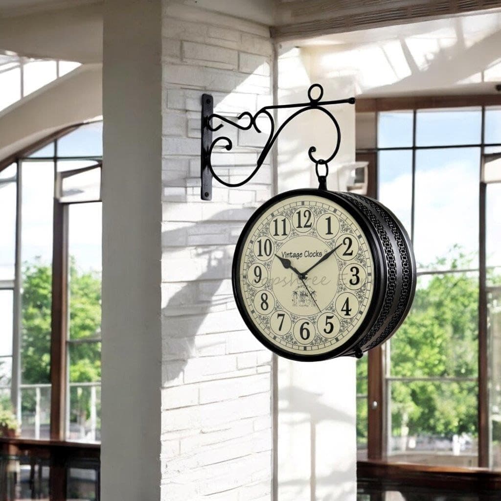 Vintage Clock Handcrafted Double Side Analog Wall Clock 1 Year Warranty / 65700-8-HH, Iron, 20x20 cm, Two Side Roman Number, black