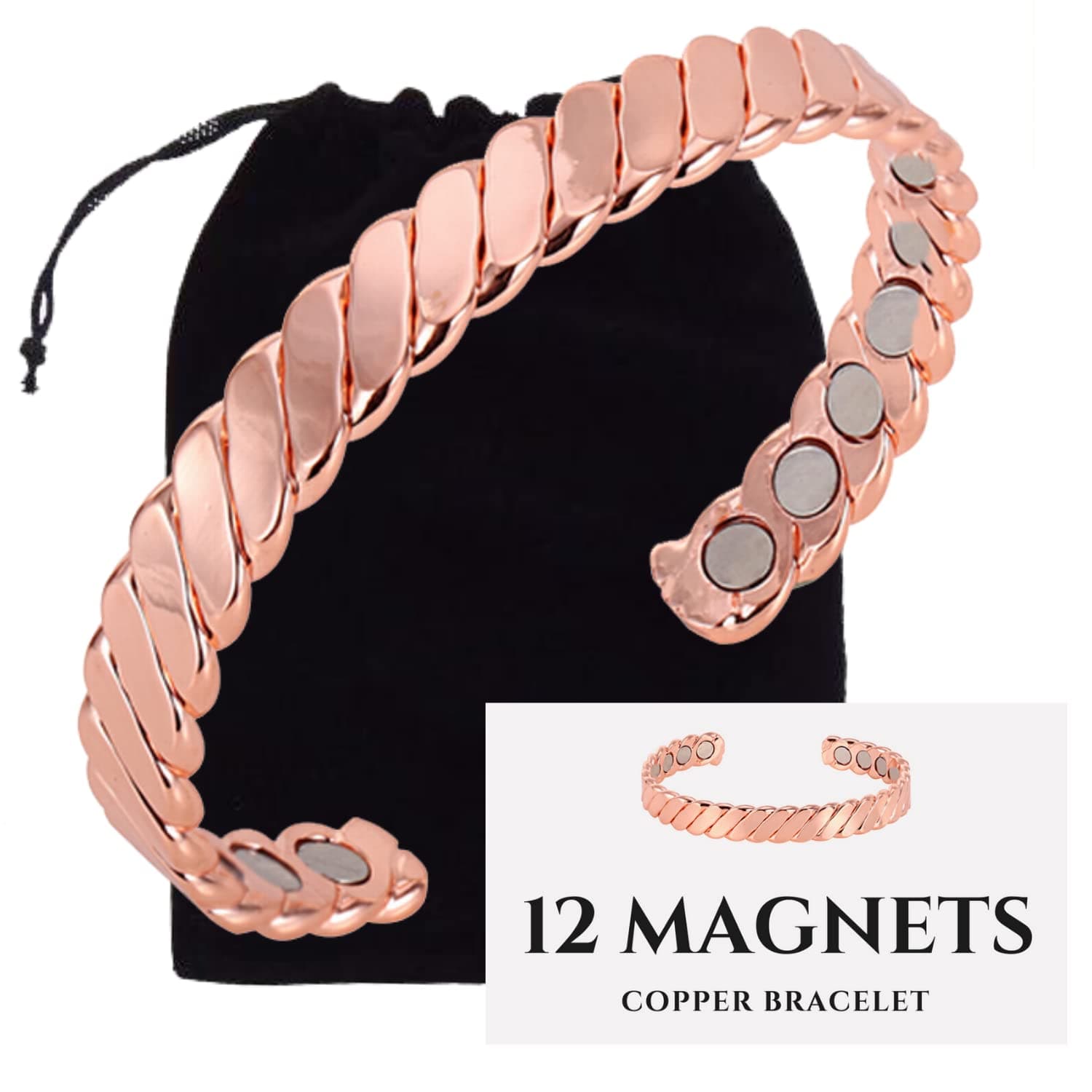 Authentic Copper Magnetic Bracelet Twisted by VEDA - Guaranteed 99.9% Pure Copper Magnetic Bracelet - 12 Powerful Magnets - Adjustable for Both Men and Women
