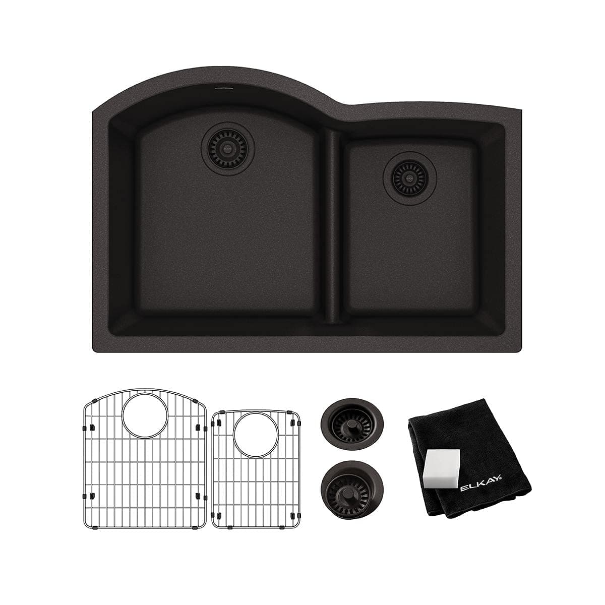 Elkay Quartz Classic ELGHU3322RBK0C 33" x 22" x 10", Offset 60/40 Double Bowl Undermount Sink Kit with Aqua Divide, Black