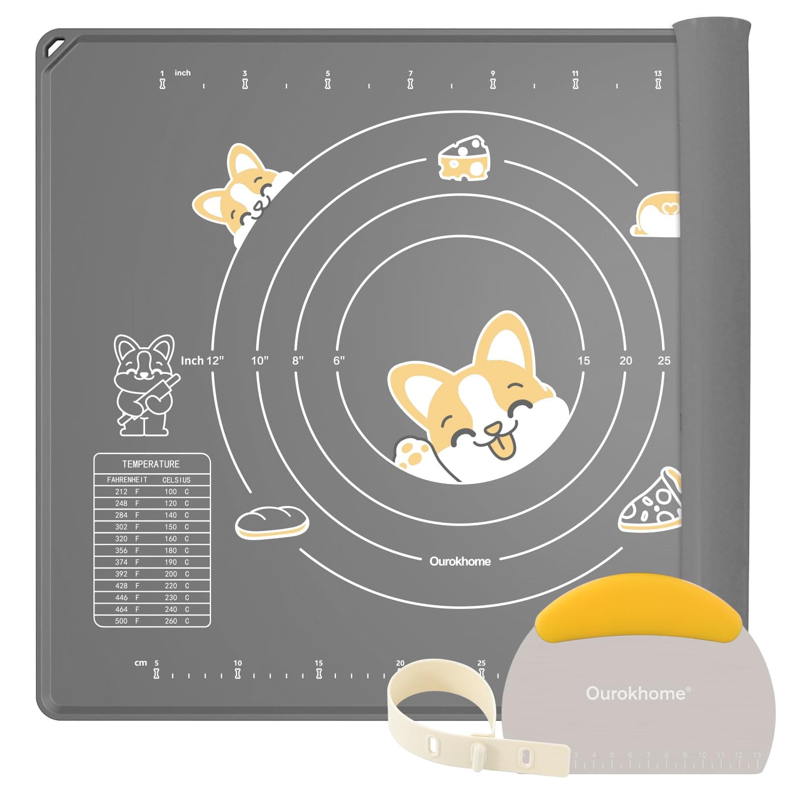 Ourokhome Silicone Baking Mat Sheet and Pastry Dough Cutter, 0.5 Inch Thick 20'' X 16" BPA free Silicone Rolling Mat, Non-Stick and Anti-Slip, Dishwasher Safe (Gray)