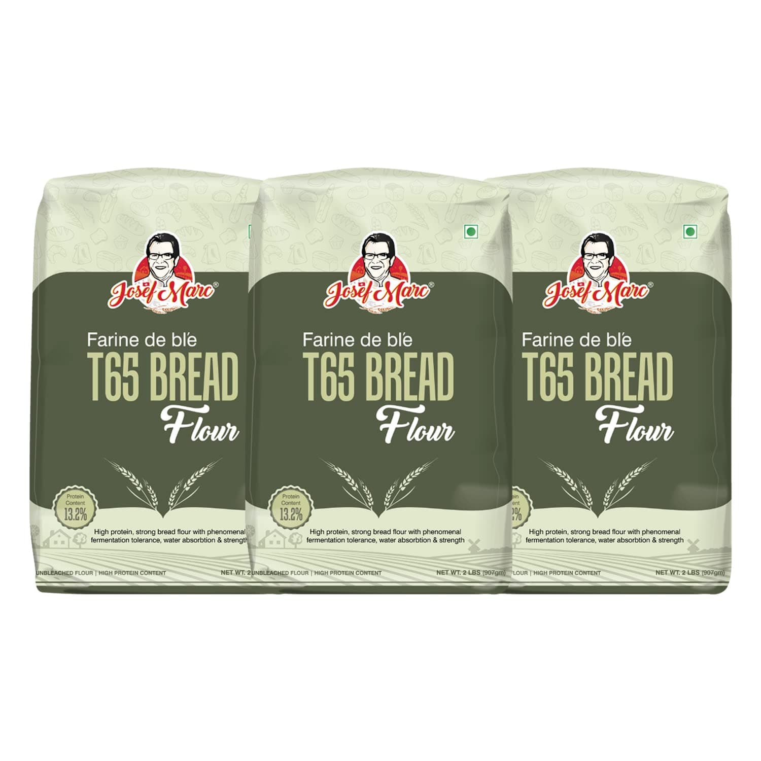 JOSEF MARC Farine De Ble T65, 2 Lbs (907Gm) - Unbleached & High Protein Flour, All Purpose Bread Flour, Strong Bread Flour (Pack Of 3)