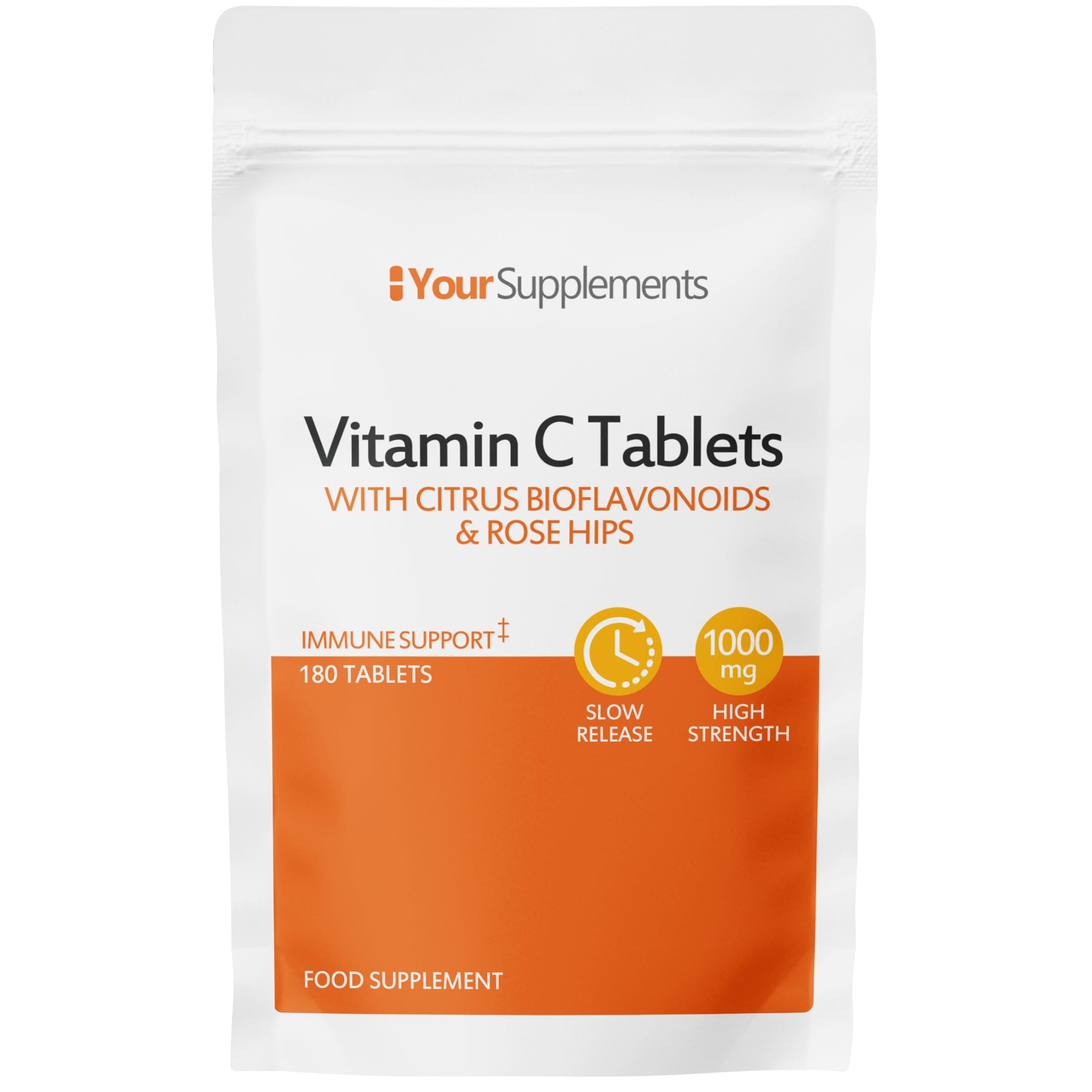 Vitamin C Tablets 1000mg | 180 Slow Release Tablets | with Bioflavonoids & Rose Hips | Natural Immune Support | One A Day