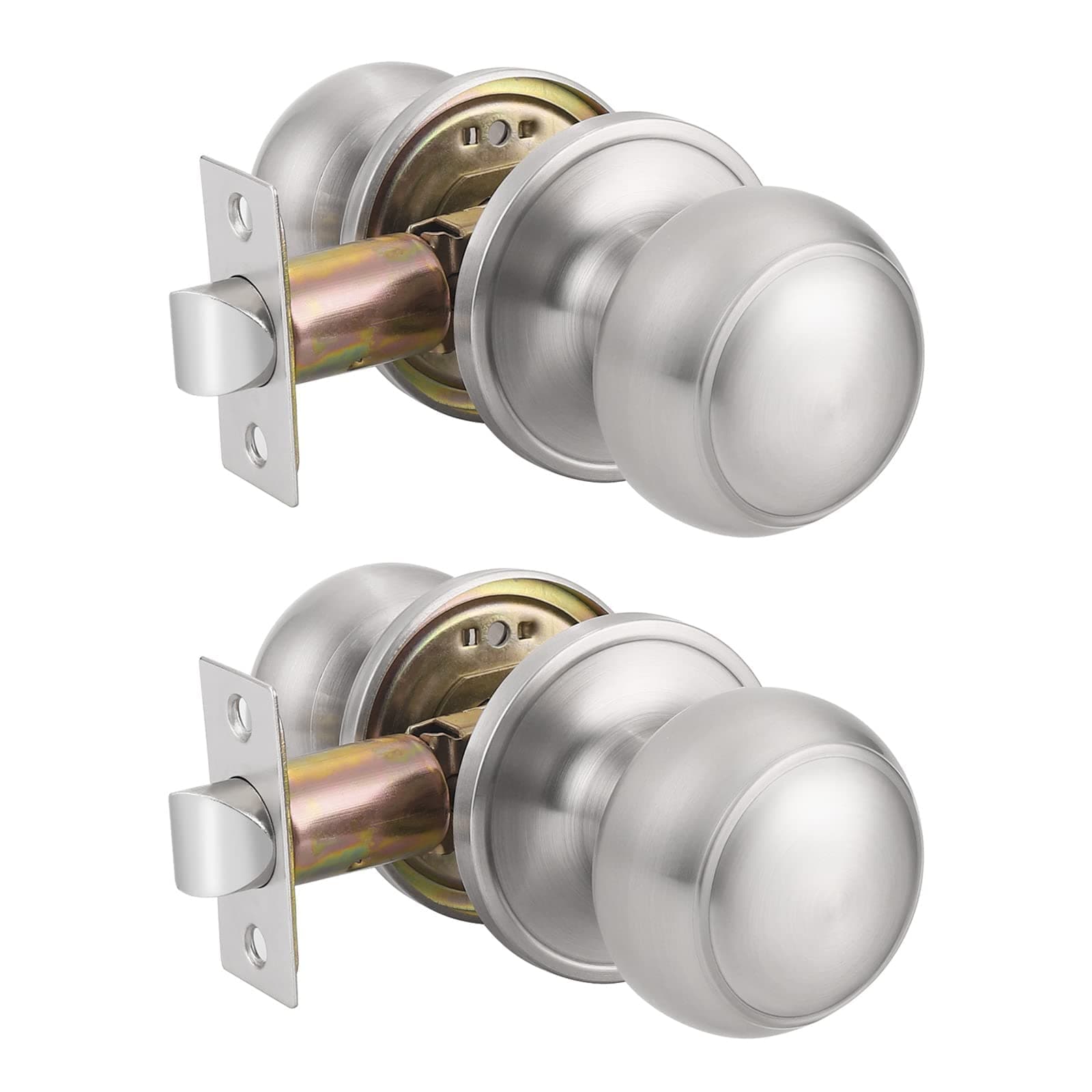 Probrico Brushed Nickel Passage Door Knobs Round Handles for Hall or Closet Knobs Keyless Hardware, 2 Pack