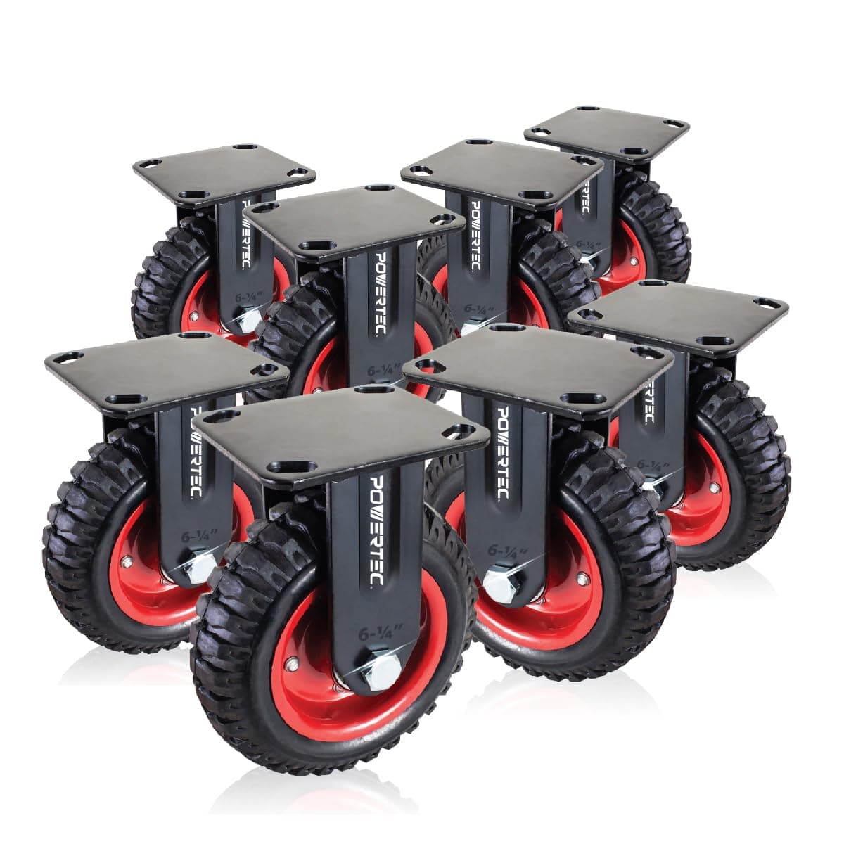POWERTEC6 Inch Caster Wheels Set of 8, Heavy Duty Fixed Plate Casters with Rubber Knobby Tread for Workbench, Dolly, Cart, Trolley, Wagon and Chicken Coop, Large Rubber Castor Wheels (17052-P8)