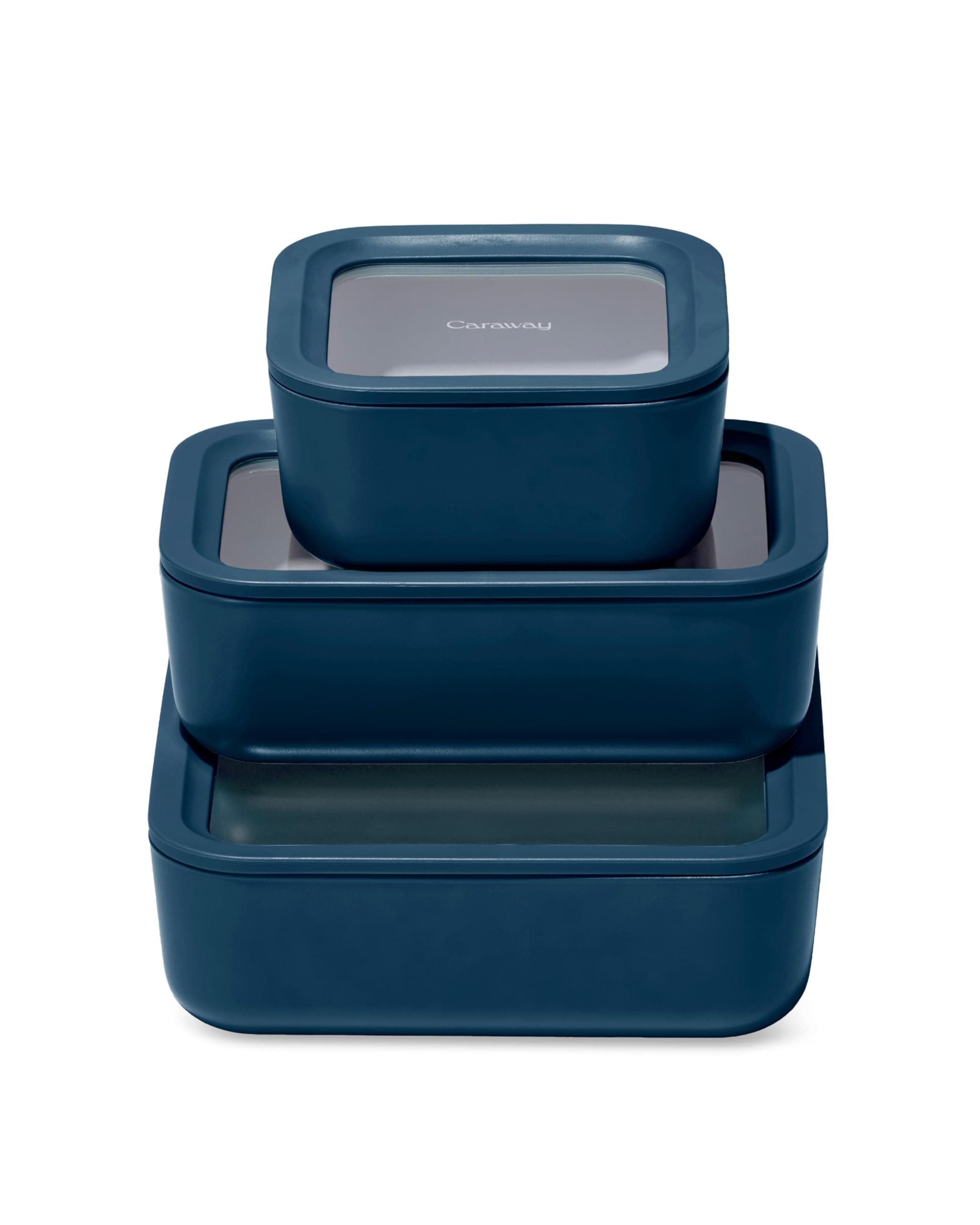 3pc Glass Food Storage Set – 10 Cup, 6.6 Cup, & 4.4 Cup Food Containers - Ceramic Coated - Non Toxic Non Stick Lunch Box with Glass Lids - Dishwasher, Oven, & Microwave Safe - Navy