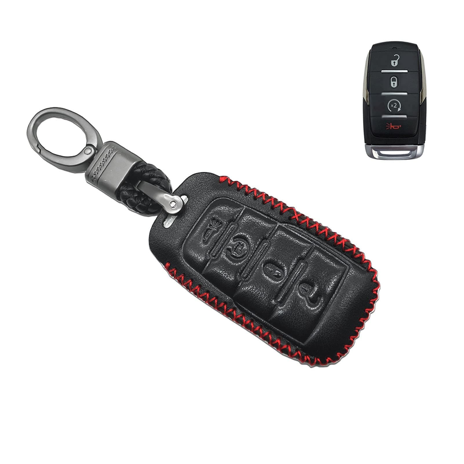 Compatible with RAM 1500 Truck Pickup 4 Buttons Only for Push Button Start Leather Case Key Fob Cover Keyless Remote Holder Protecter Bonus: Key Ring