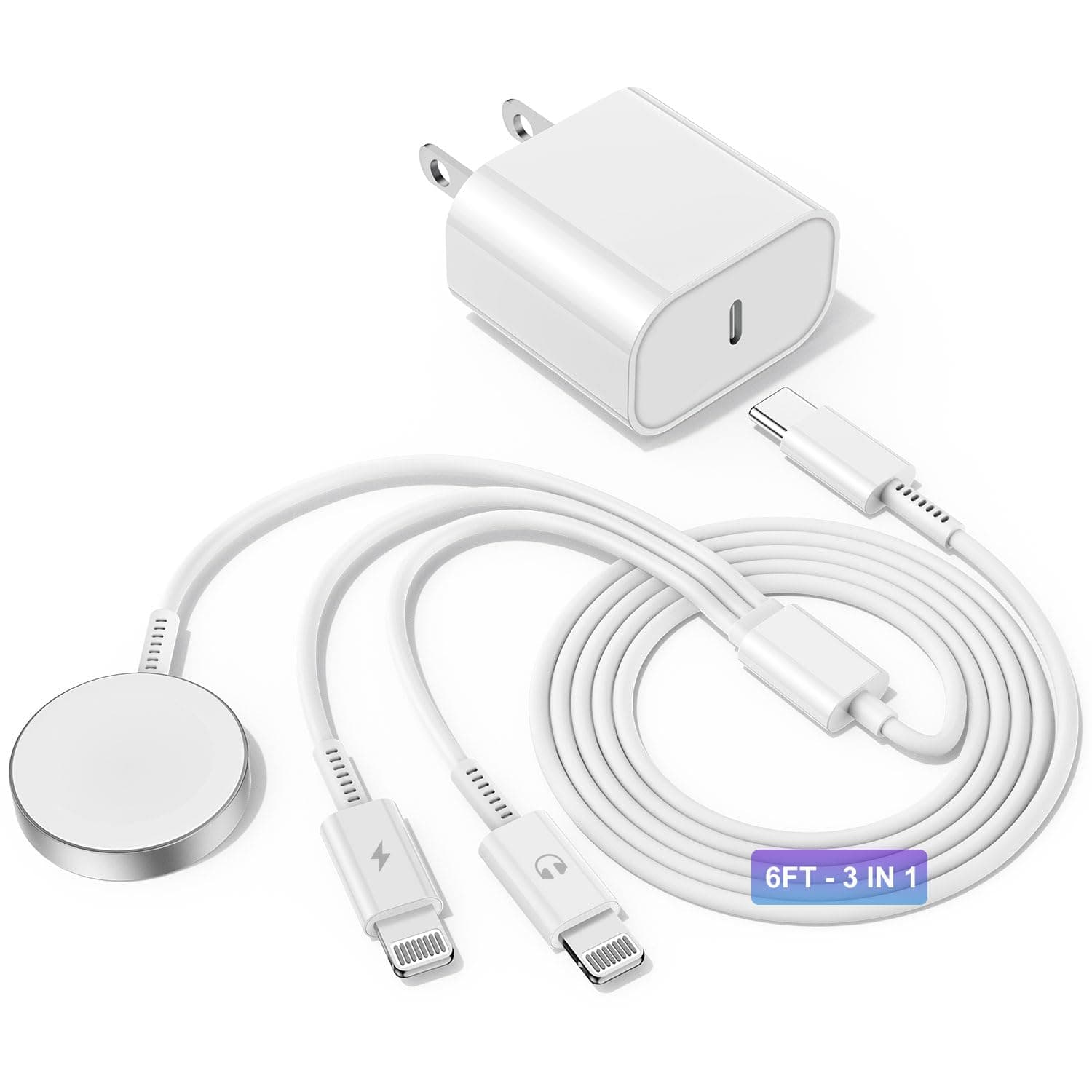 Upgraded USB C Charger for Apple Watch, 3 in 1 iPhone and iWatch Magnetic Fast Charging Cable 6FT with USB-C Wall Charger, for Apple Watch Series 8/7/6/SE/5/4, iPhone 14/13/12/11 & Airpods - White