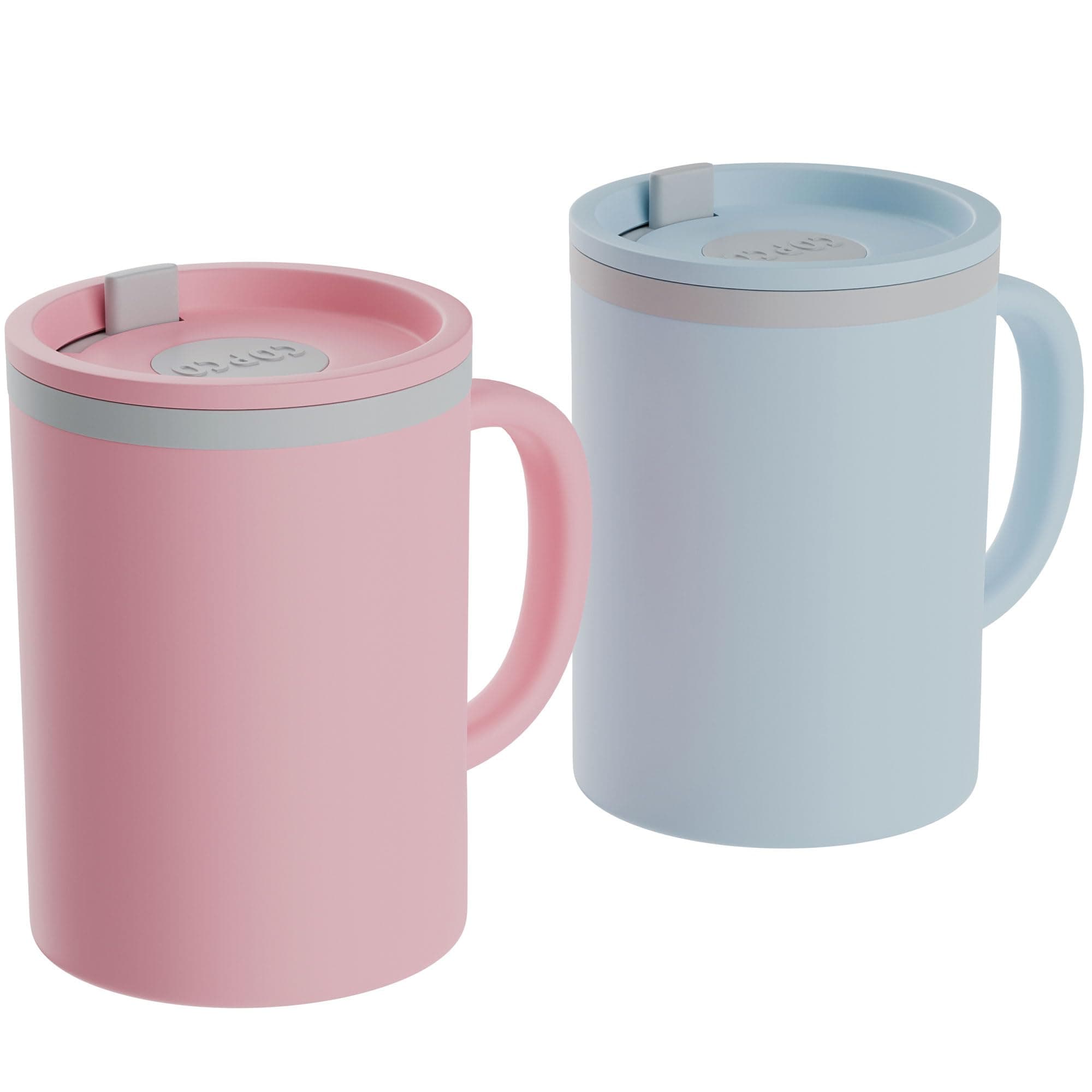 Copco Iconic 16oz Double Wall Insulated Desk Mug with Lid and Handle, Set of 2, BPA-Free Reusable Plastic, Spill-Proof, Microwave & Dishwasher Safe, Wide Mouth, Cup Holder Friendly (Light Blue/Pink)