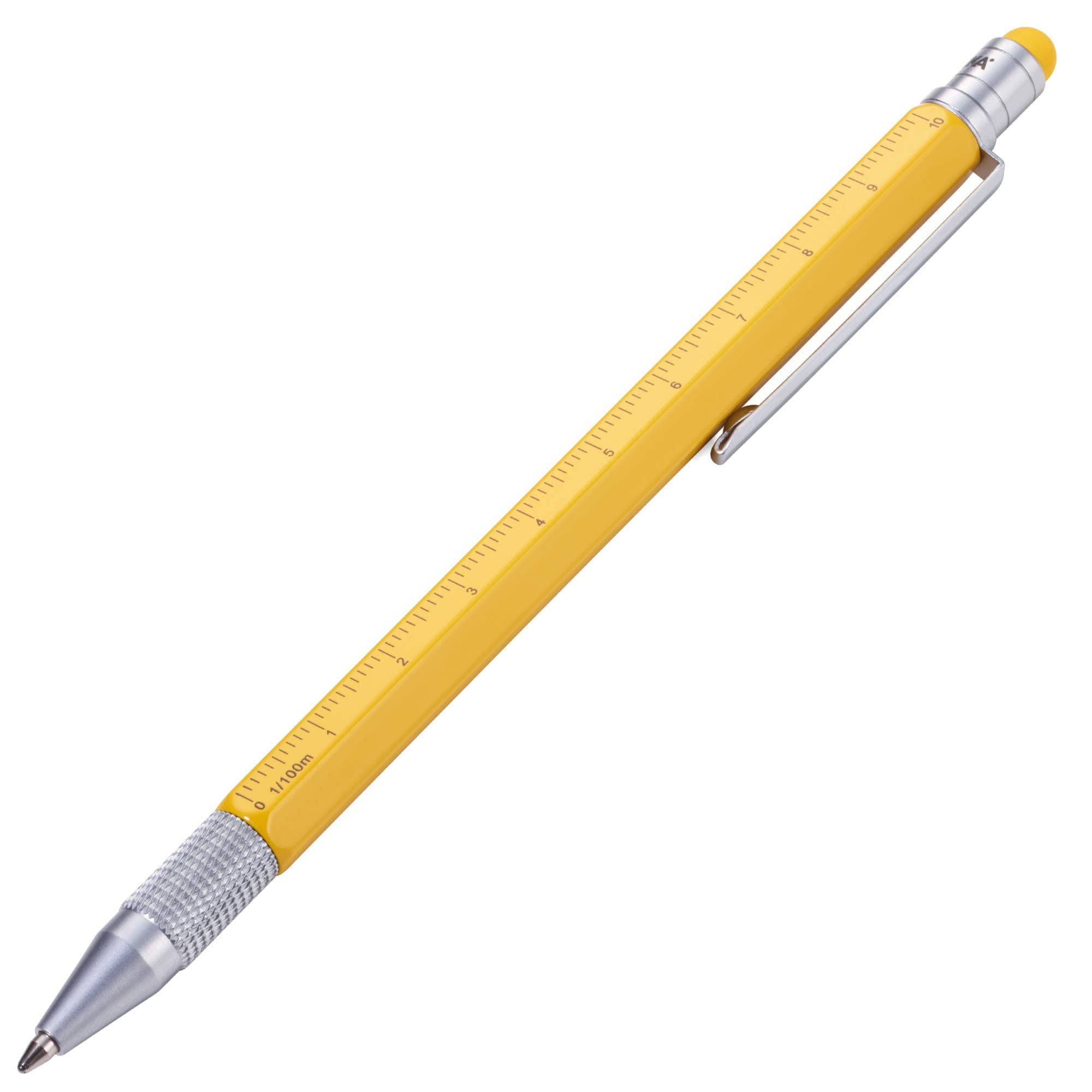 Troika multitasking ballpoint pen (slim), centimeter/inch ruler, 1:20/1:50 scale, stylus, black G2 large refill aluminium/brass, matt, yellow