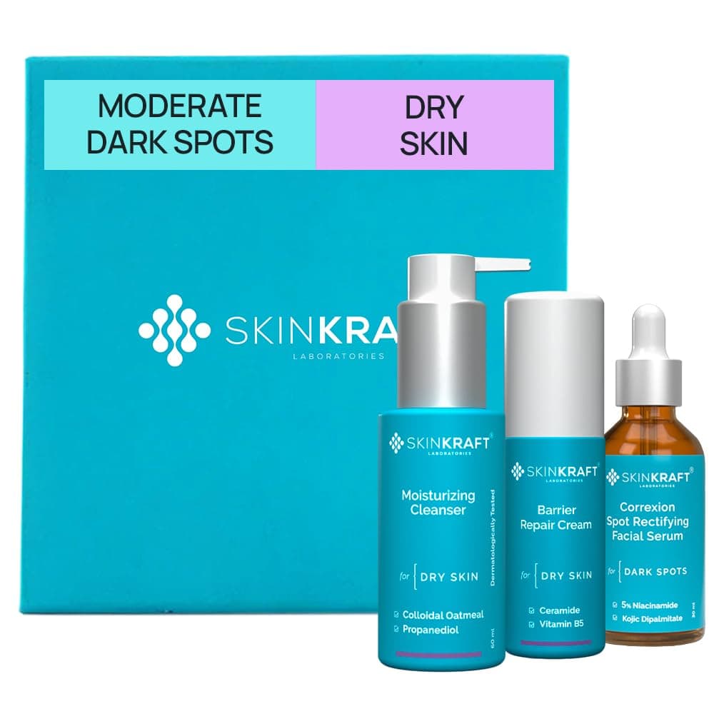 SkinKraft Moderate Dark Spot Removal Kit For Dry Skin - Customized Skincare Kit - Cleanser + Moisturizer + Moderate Dark Spots - Dark Patches Serum - For Women & Men - Dermatologist Recommended (Pack Of 3)