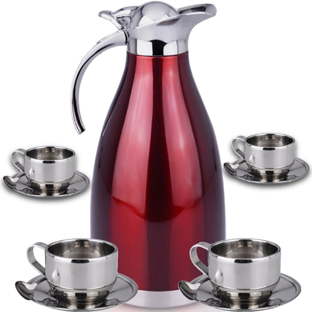 Thermal Carafe Plus Coffee Tea Mugs by Chefcoo Includes Pitcher, 4 Mugs Saucers and Spoons - Double Wall Pot Best for Hot and Cold Beverages - Holds Temperature for 24 Hours - Red Color