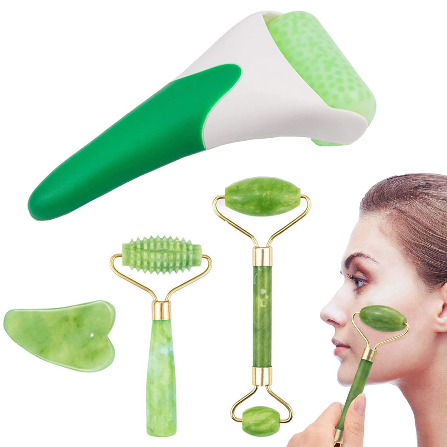 Jade Roller Massage Gua Sha Facial Tools Set, Gua Sha Massage Tool for Face and Full Body, Wrinkles Anti-Aging and Eye Puffiness, Keeping Youthful Skin Tone (4 Pack)