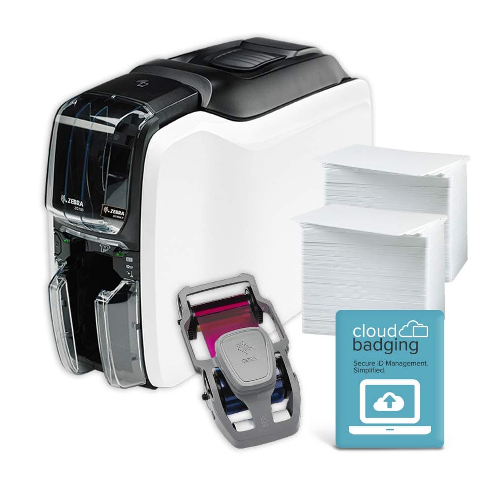 Zebra ZC100 LT ID Card Printer - Complete Supplies Package with CloudBadging Software, Blank Cards, and Ribbon