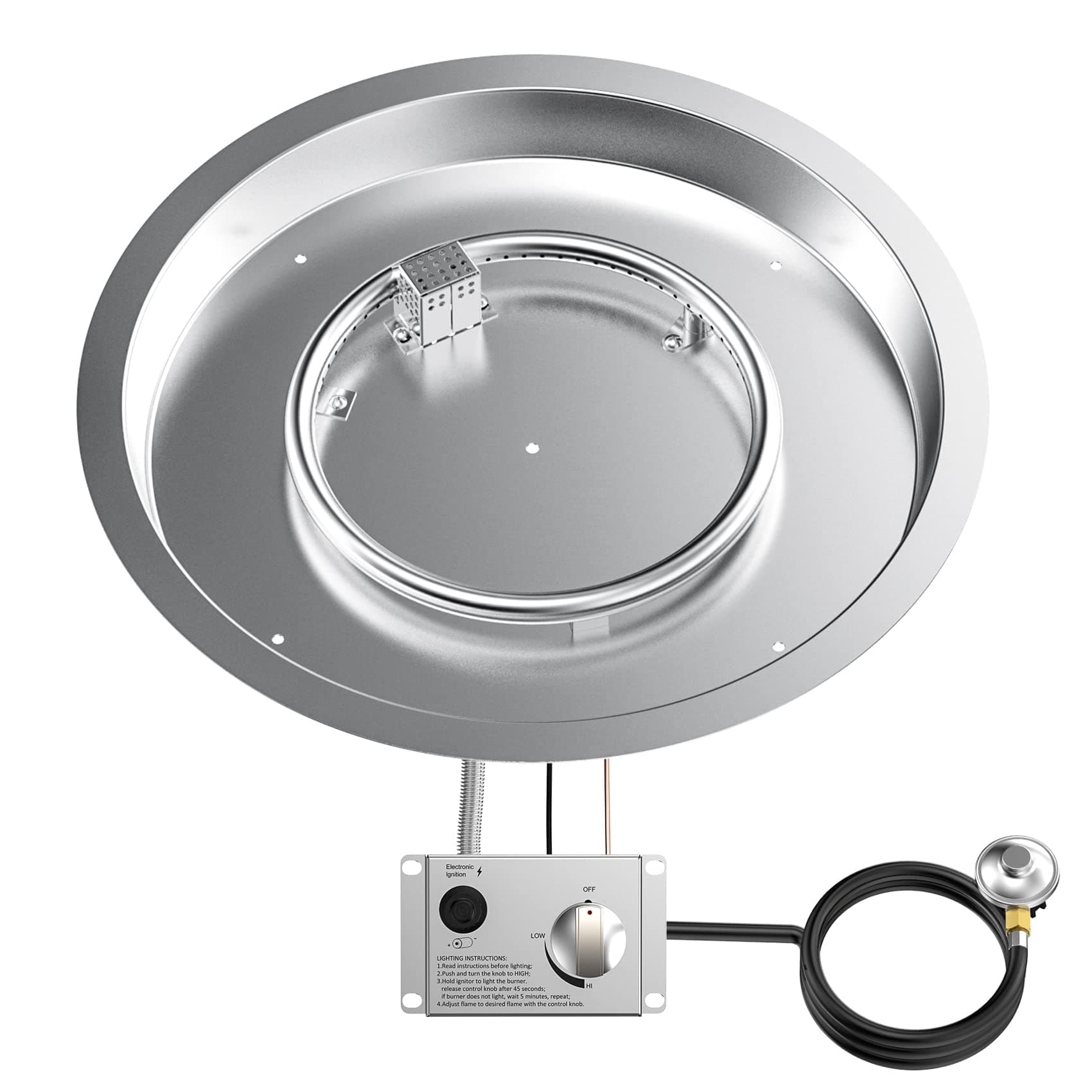 19" Round Stainless Steel Fire Pit Drop-in Burner Kit with Flame Sensing, Electronic Spark Ignition, Propane Regulator Connector Hose Set for Propane Tank