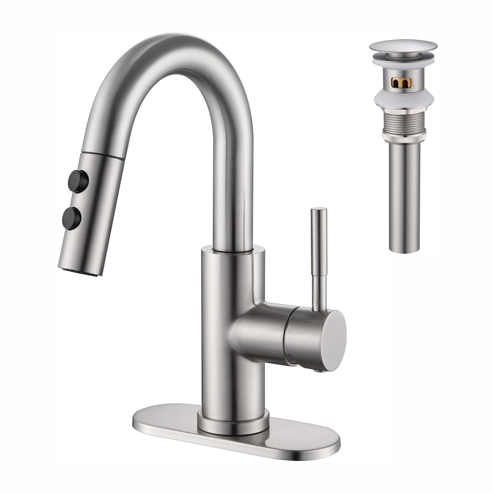 Kablle Bathroom Sink Faucet with Pull Down Sprayer, Brushed Nickel Single Handle Pull Out Faucet with Pop-Up Drain, 1 or 3 Hole Laundry Bar Basin Faucet with Deck Plate, KBL-7002BN-CL