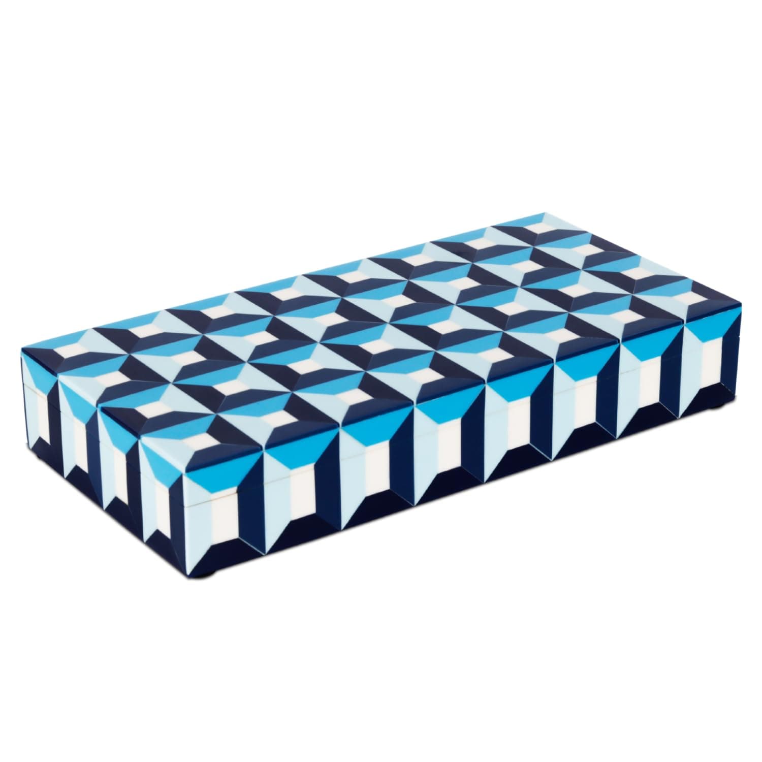 Handicrafts Home Large Blue Decorative Storage Box with Lid, Modern Coffee Table Storage Box, Geometric Resin Inlay Wooden Box, Remote Control Organizer, Keepsake Box For Coastal Decor (12x6x2 Inch)