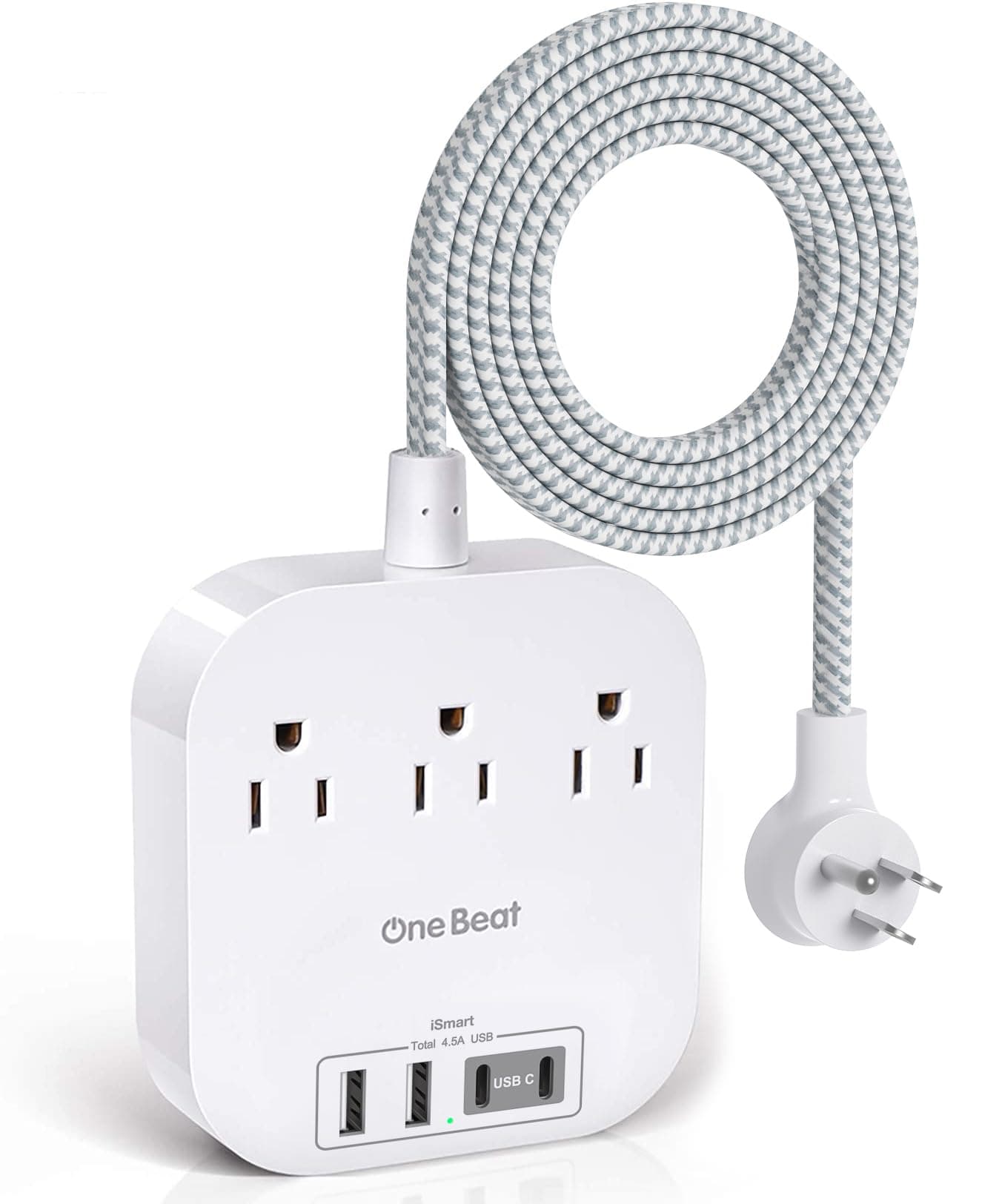 One Beat Power Strip with USB C, 3 Outlets 4 USB Ports (22.5W/4.5A) Desktop Charging Station, Flat Plug, 5ft Braided Extension Cord, Non Surge Protector for Travel, Cruise Ship, ETL Listed