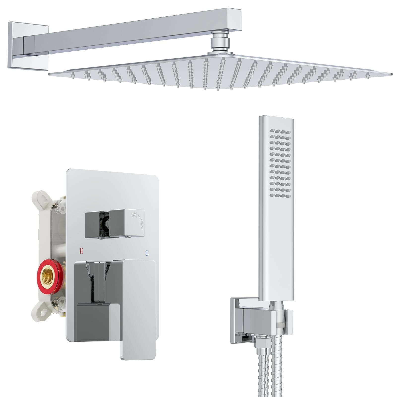 Iriber 12 Inch Bathroom Shower System Polish Chrome Wall Mounted Square Mixer Shower Faucet Combo Set with Hand Held Rough-in Valve Rainfall Shower and Trim