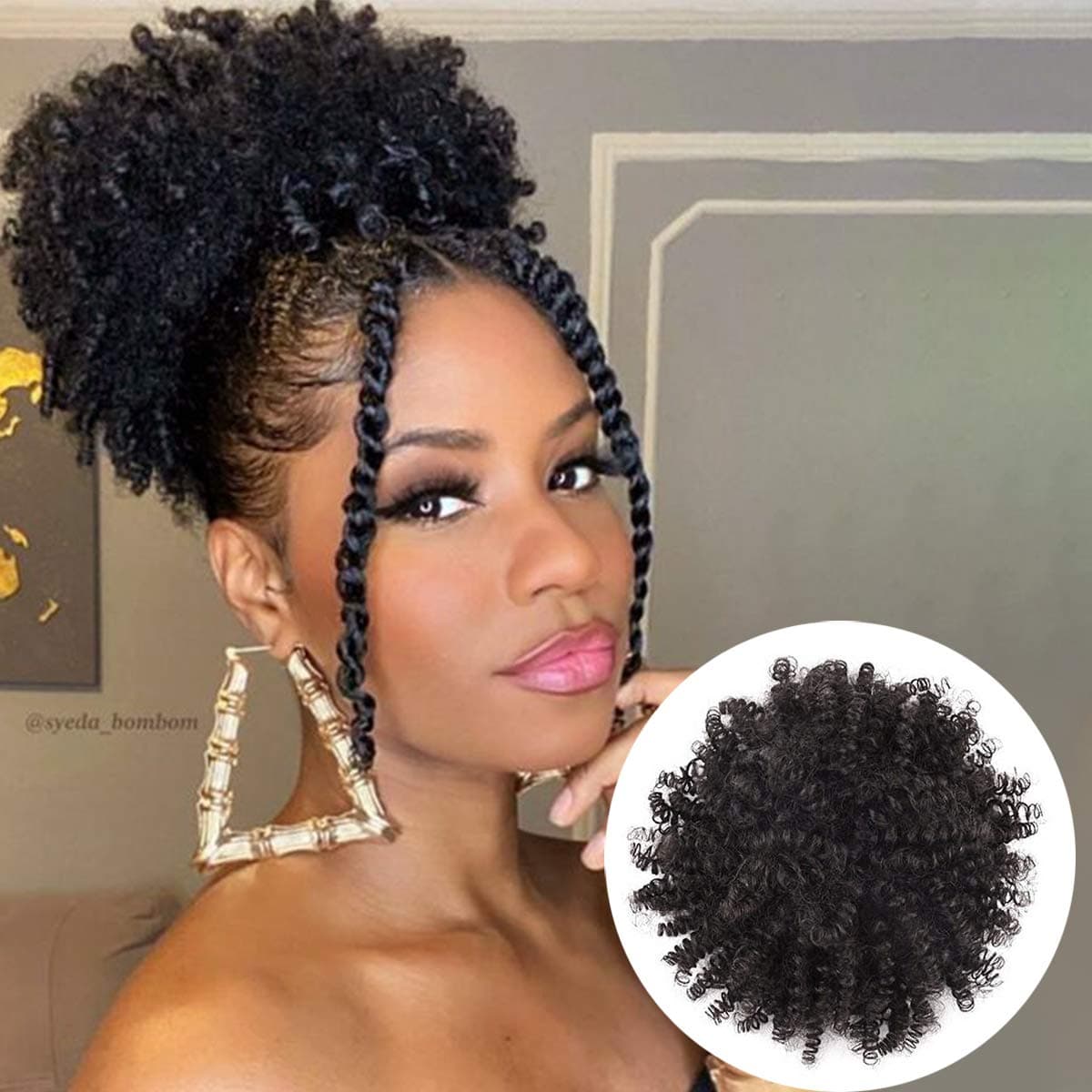 Isheeny Afro Puff Drawstring Ponytail Human Hair Bun For Black Women Human Hairpieces Updo Hair Puff Short Kinky Curly Hair Puffs Afro Curly Clip In Ponytail Extensions 6Inch 1B Black