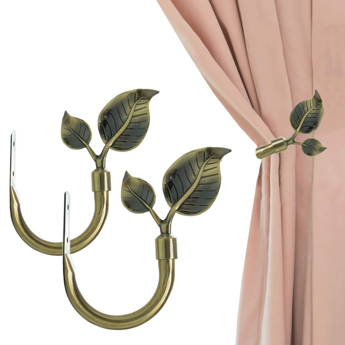 Leaf Shaped Curtain Holdbacks 2pcs, Handmade Metal Curtain Side Holders for Wall, Antique Bronze Brass Curtain Tieback Hook Pull Backs for Drapes Window Home Decoration