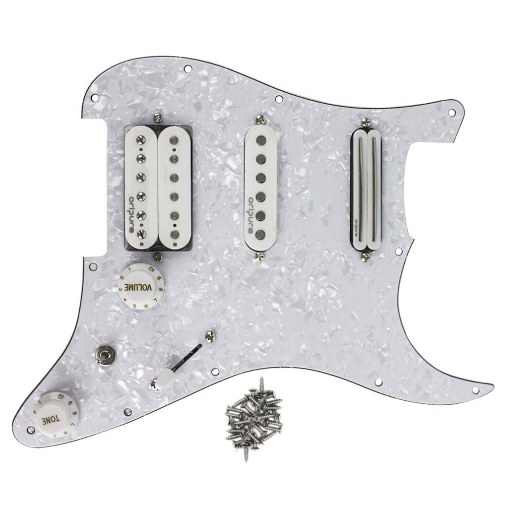 OriPure 11 Hole Loaded Prewired Pickguard SSH with Dual Rail/Single Coil/Humbucker Alnico 5 Pickups Set for Fender Stratocaster Style Guitar, 4Ply White Pearl