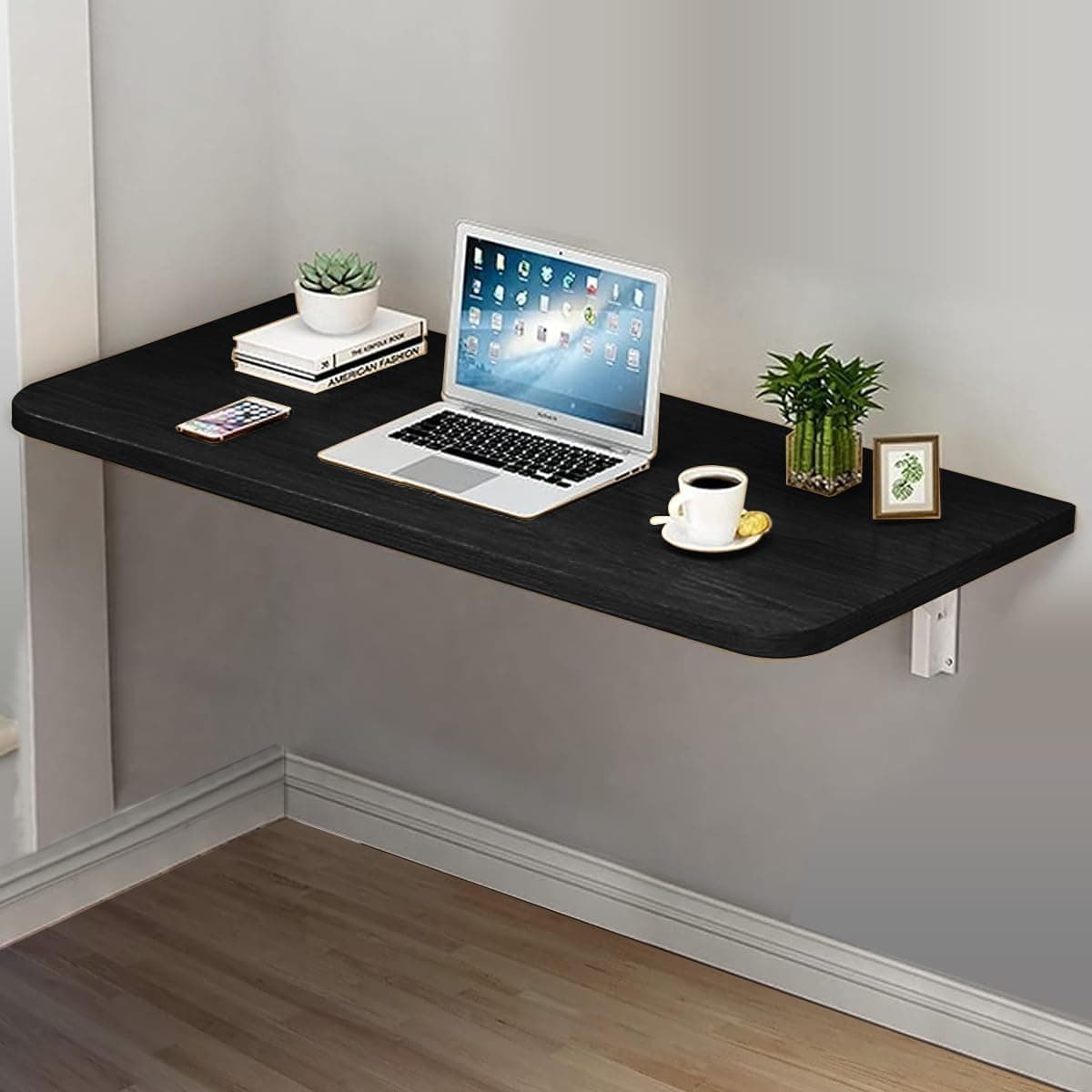 VITION Computer Wall Mount Stand Folding Wall-Mounted Drop-Leaf Table,Metal Folding Shelf Bench Table Bracket (Black, 30 X 50 cm)