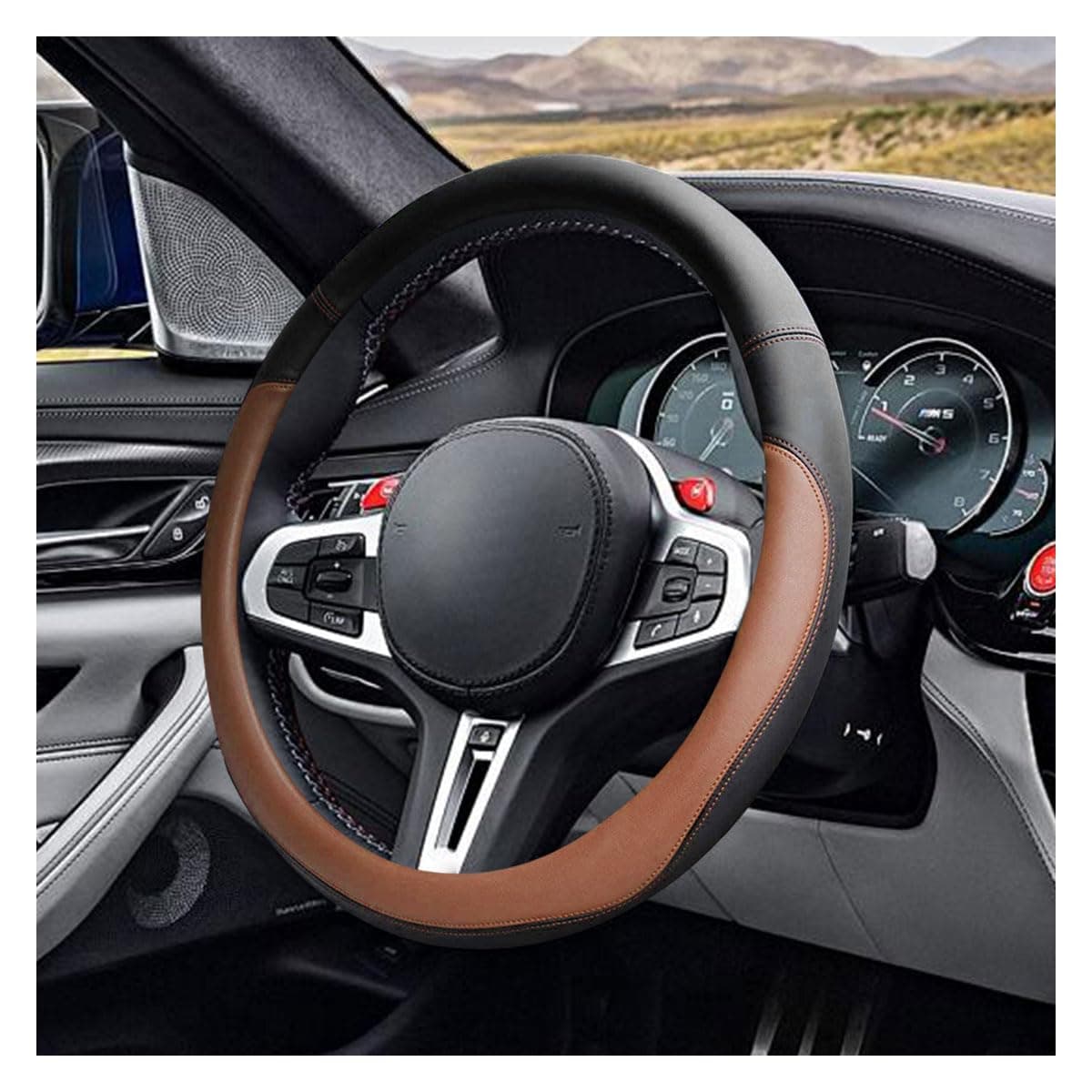 14.5"-15" Car Steering Wheel Cover, Microfiber Leather Cover, Anti-Slip Breathable Steering Wheel Decoration, Universal Steering Wheel Accessories for Diverse Cars (Coffee)