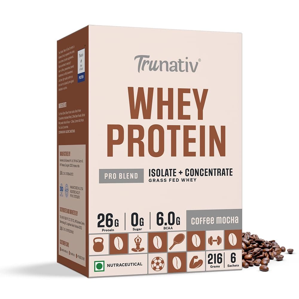 Trunativ Pro Blend Whey Protein Powder Isolate & Concentrate | 100% Light & Clean Protein Powder | 26g Protein | 6g BCAA | 12.52g EAA | No added sugar | Coffee Mocha | 216g