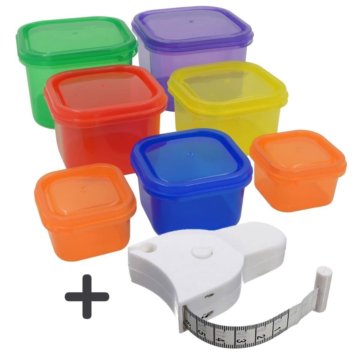 Joy of Kitchen Portion Control Containers 7 pcs + Body Measuring Tape, Reusable Meal Prep Containers with Lids, Compatible with 21-Day Fix, Best for Diet and Other Uses, Multipurpose Colorful Boxes