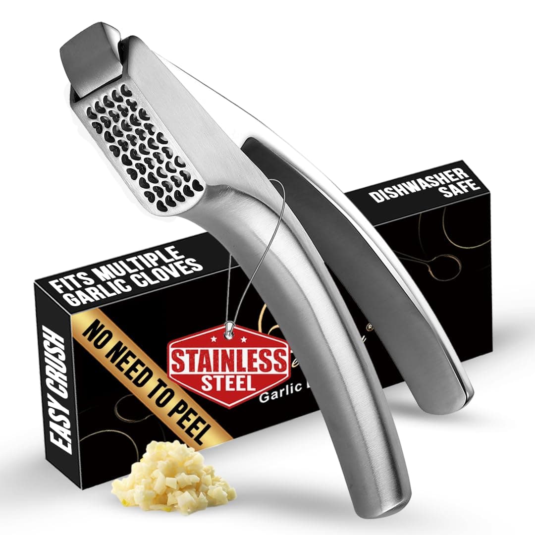 No Peeling Required Garlic Press Stainless Steel with Detachable Handle for Coarse Mincing - Premium Garlic Mincer Tool, Rust-Proof, Easy to Clean, Dishwasher Safe Garlic Crusher, Lifetime Replacement